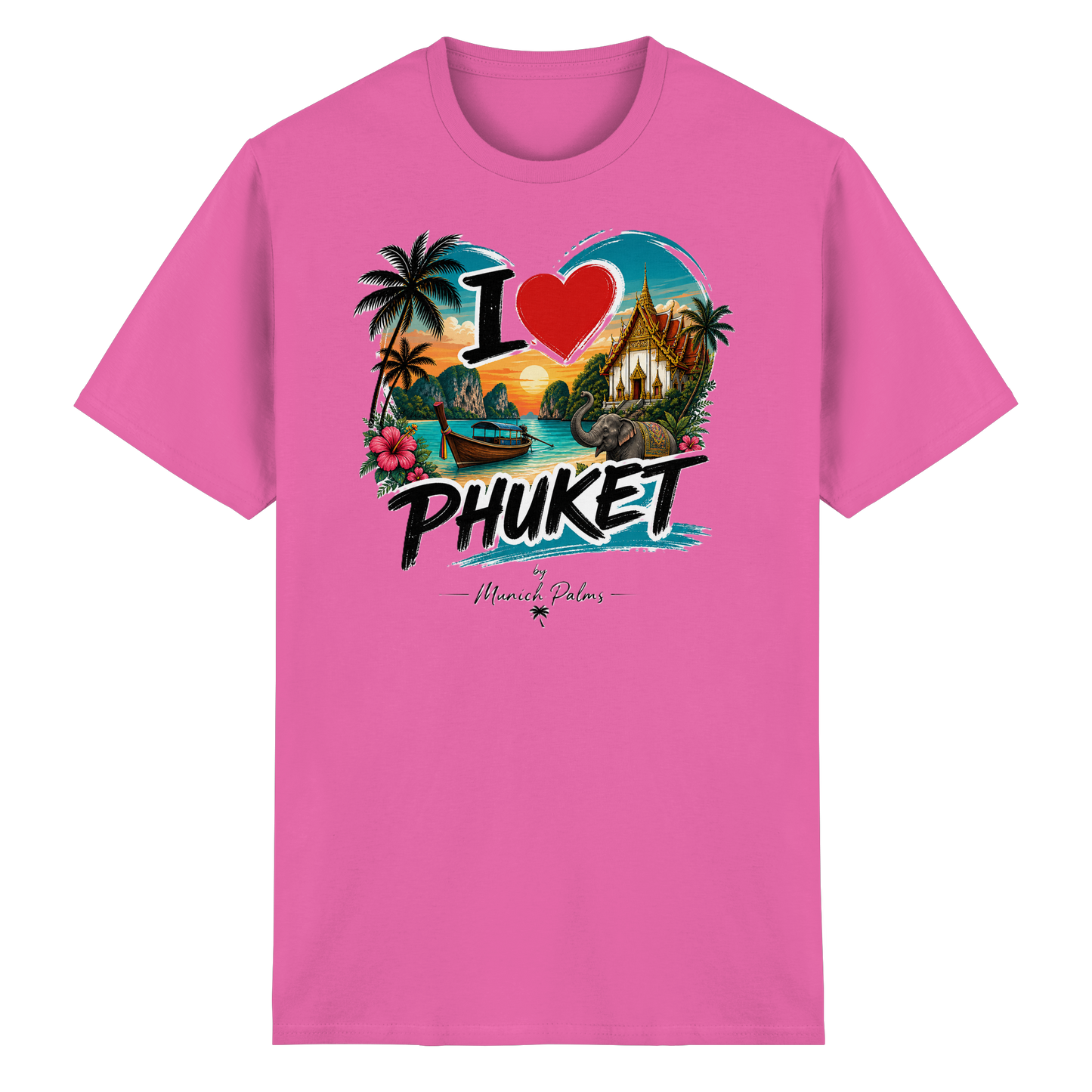 Unisex Heavy Cotton T-Shirt „I love Phuket“ in Azalea, vorne sichtbar, bequeme Baumwollqualität, stilvolles Design.