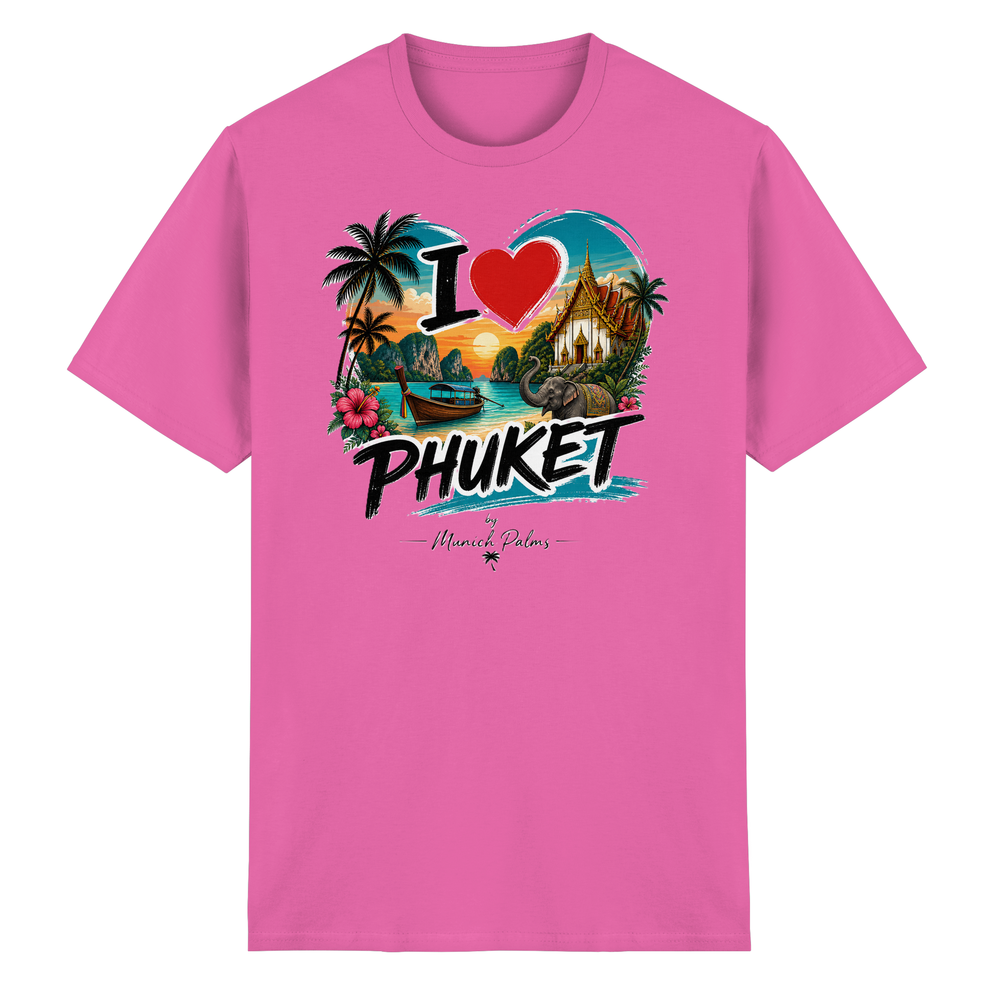 Unisex Heavy Cotton T-Shirt „I love Phuket“ in Azalea, vorne sichtbar, bequeme Baumwollqualität, stilvolles Design.