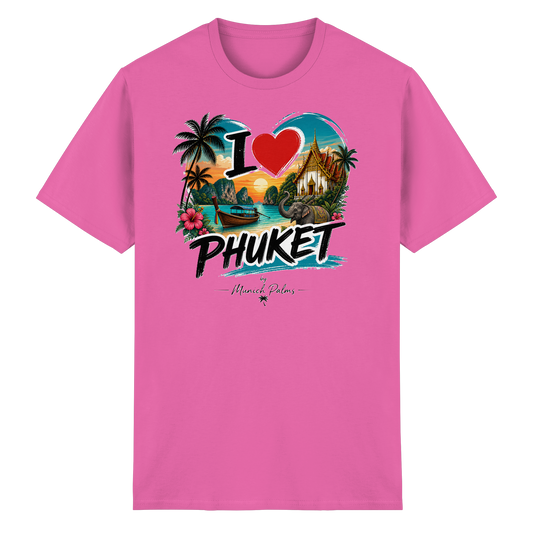 Unisex Heavy Cotton T-Shirt „I love Phuket“ in Azalea, vorne sichtbar, bequeme Baumwollqualität, stilvolles Design.