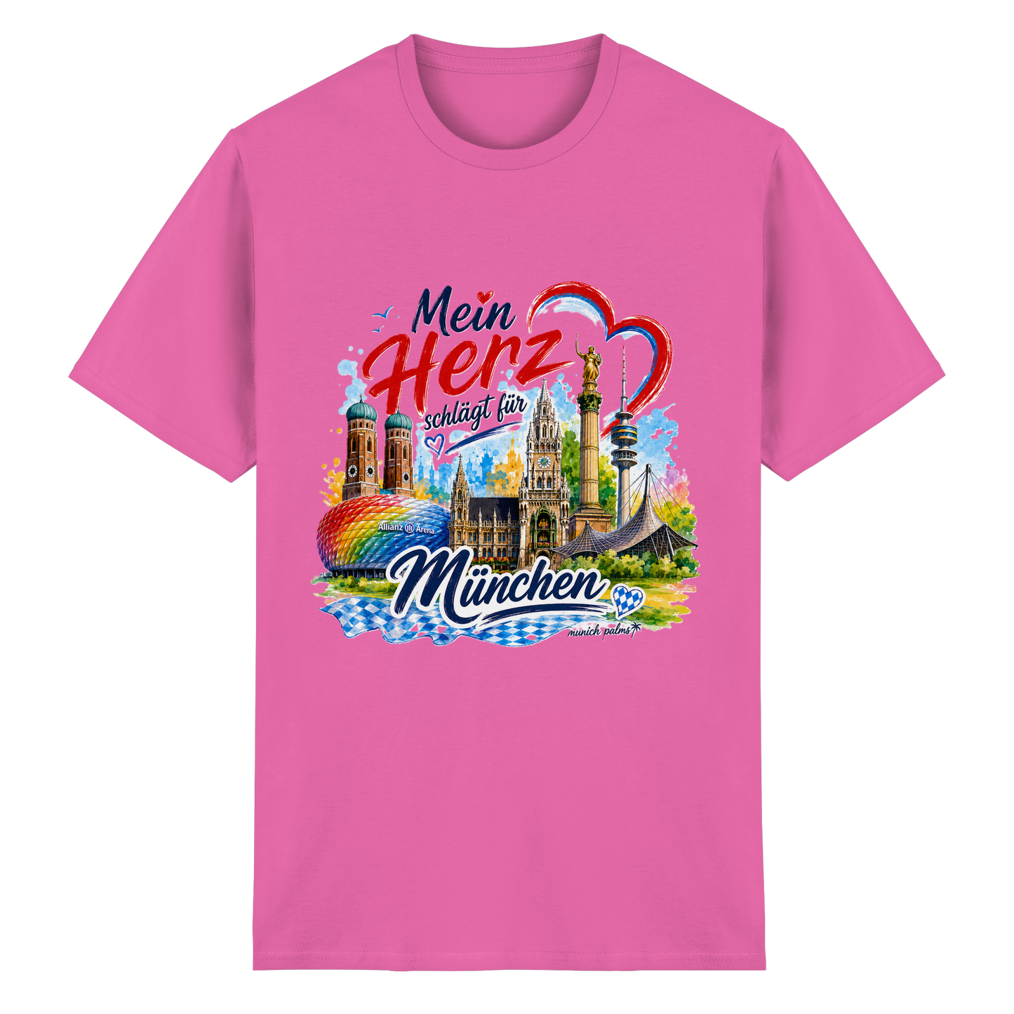 Buntes Munich Palms T-Shirt für Herren und Damen mit Herz und Wahrzeichen von München, aus schwerer Baumwolle.
