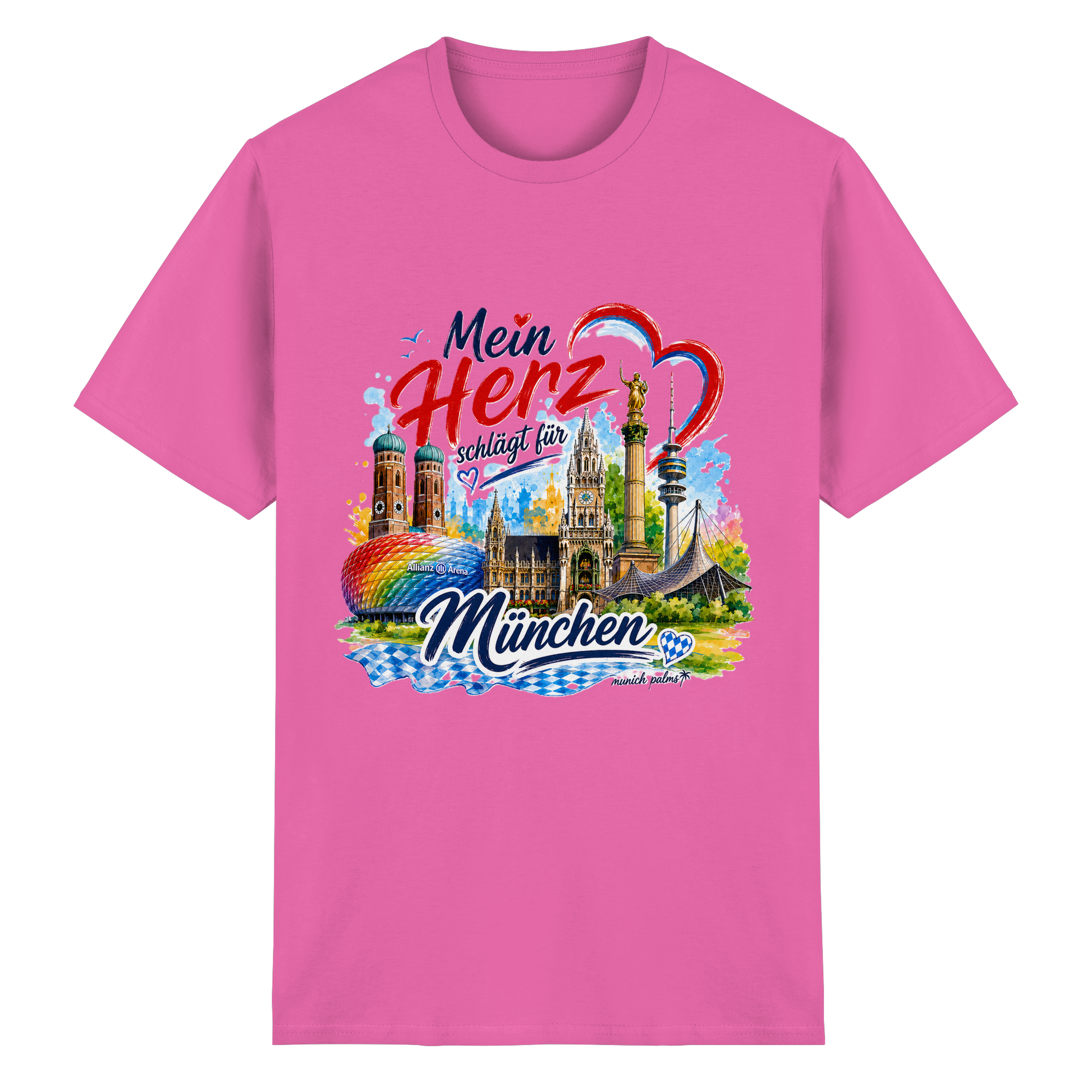 Buntes Munich Palms T-Shirt für Herren und Damen mit Herz und Wahrzeichen von München, aus schwerer Baumwolle.