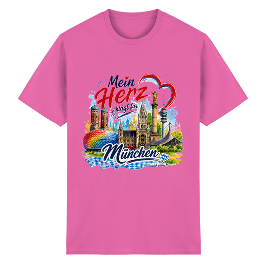 Buntes Munich Palms T-Shirt für Herren und Damen mit Herz und Wahrzeichen von München, aus schwerer Baumwolle.