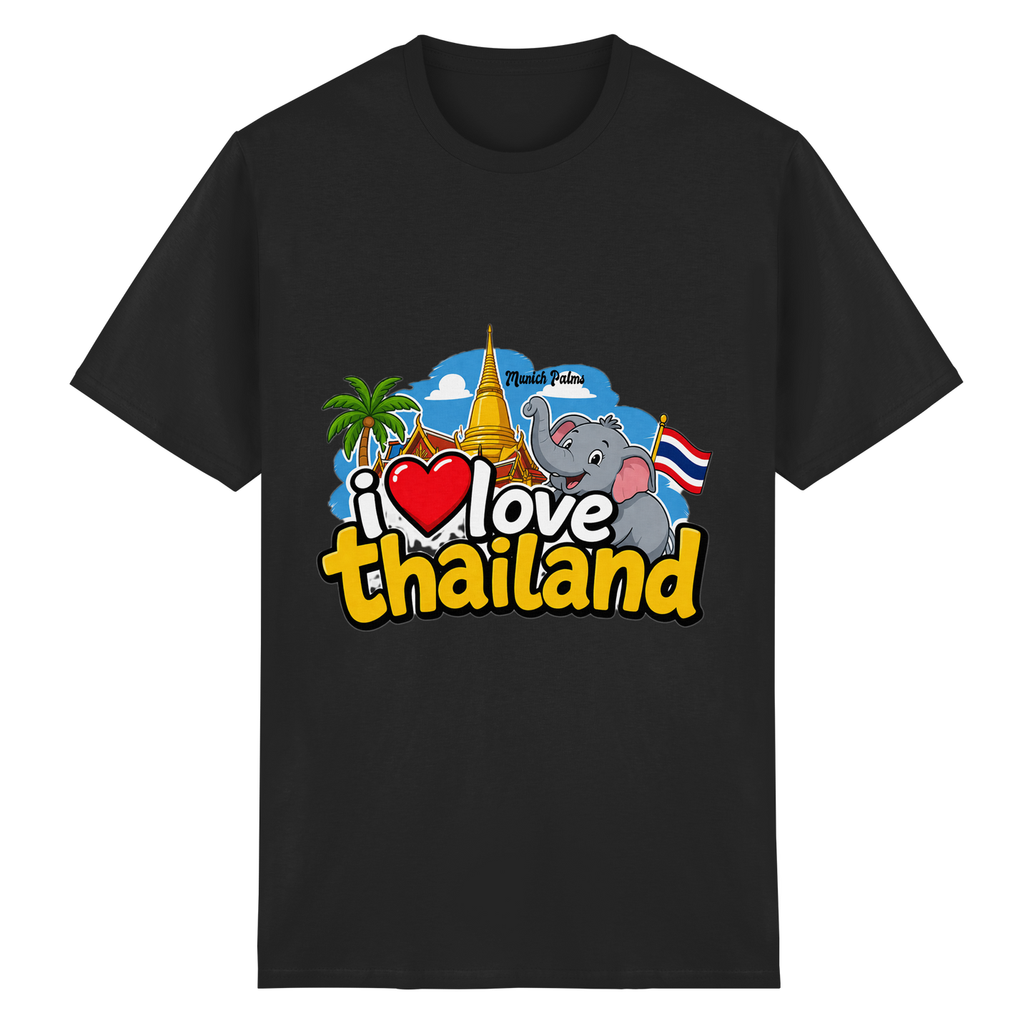 Schwarzes Unisex-T-Shirt mit "I love Thailand" Aufdruck aus schwerer Baumwolle, vorne sichtbar.