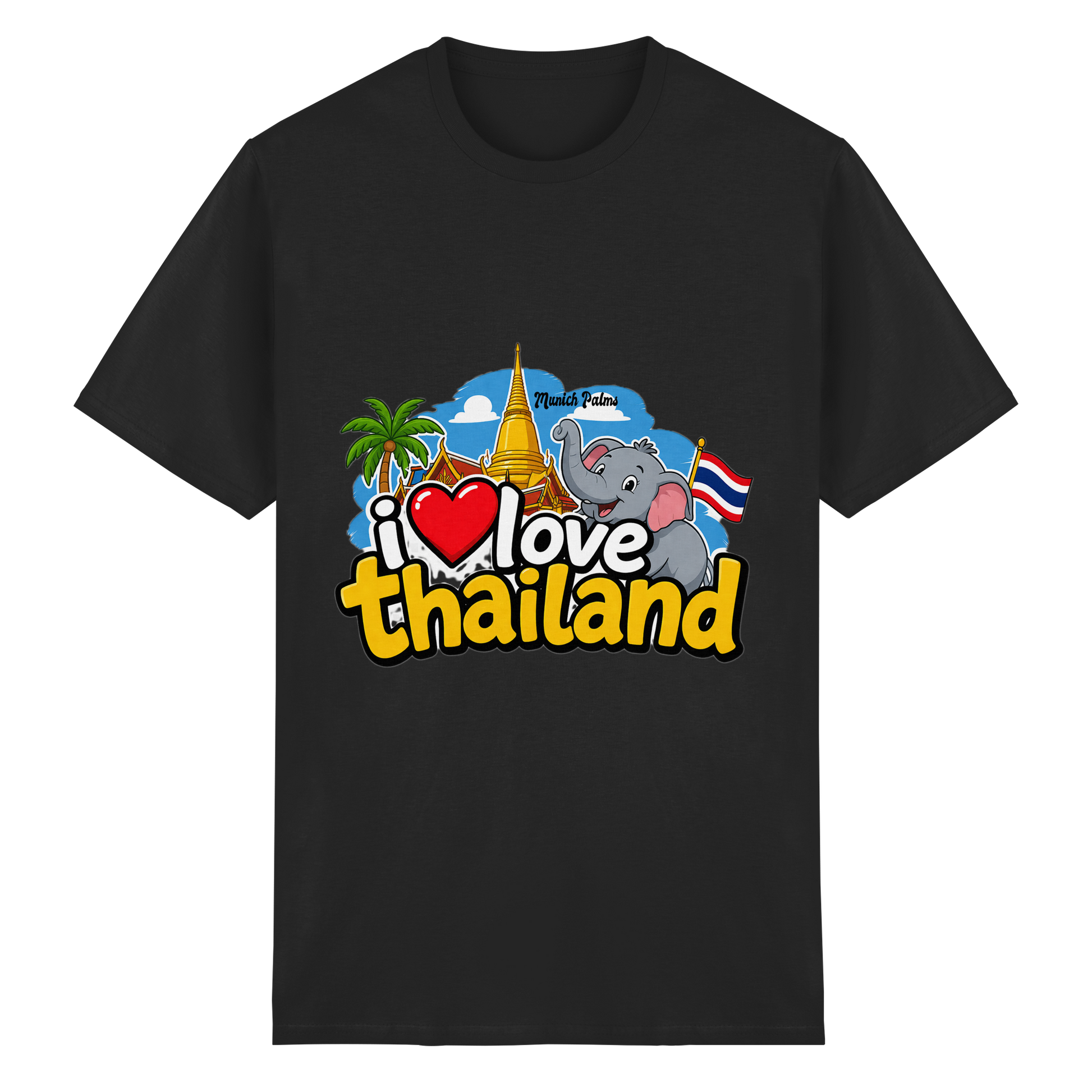 Schwarzes Unisex-T-Shirt mit "I love Thailand" Aufdruck aus schwerer Baumwolle, vorne sichtbar.