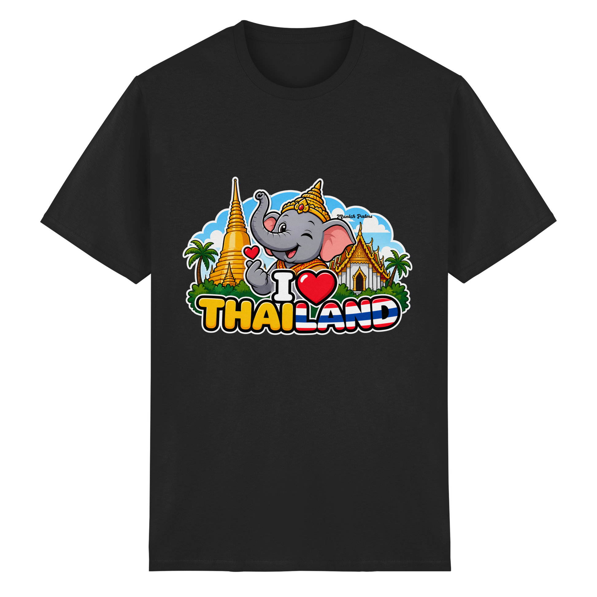 Unisex T-Shirt mit Elefanten-Design in Schwarz, Heavy Cotton, von Online Kaufhaus München, mit Thailand-Motiv und Munich Palms Muster.