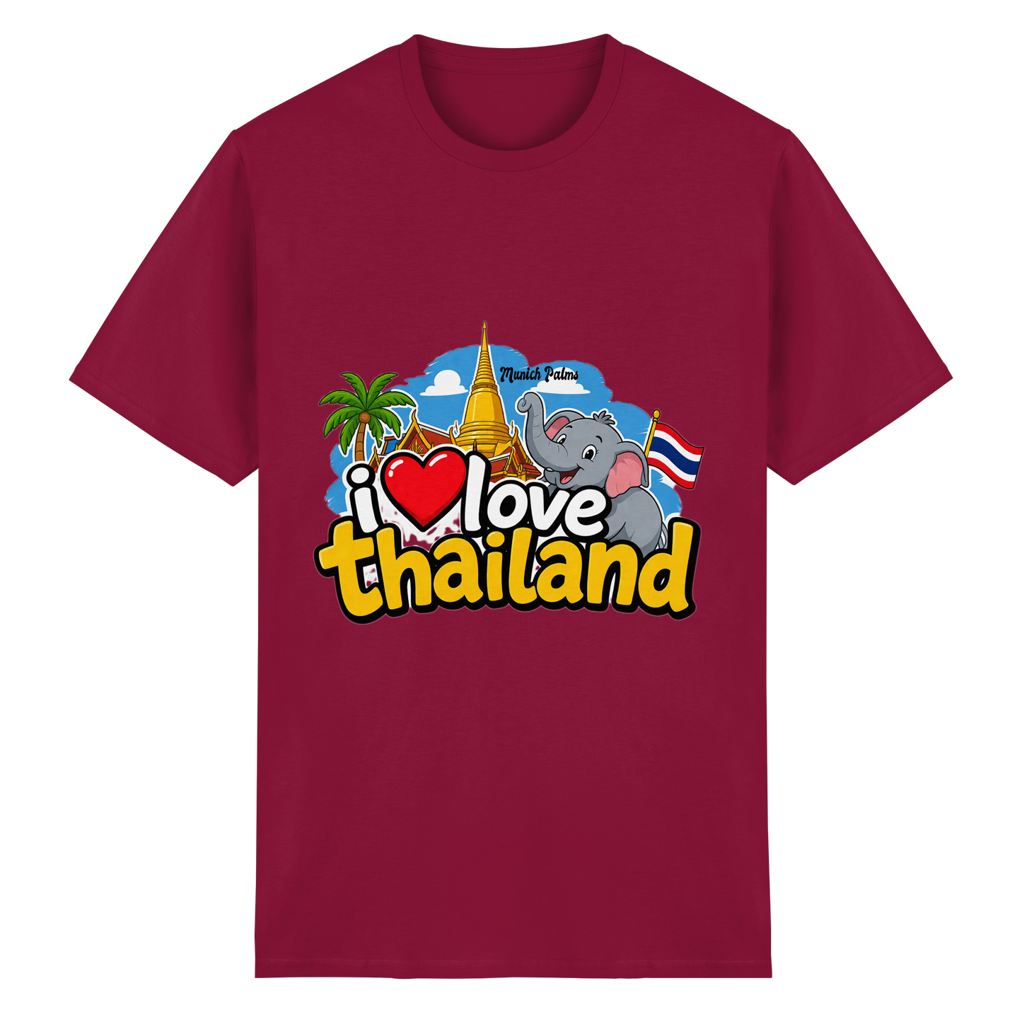 Unisex Heavy Cotton T-Shirt „I love Thailand“ in karminrot, Vorderansicht, bequemes Design, ideal für Freizeit und Alltag.