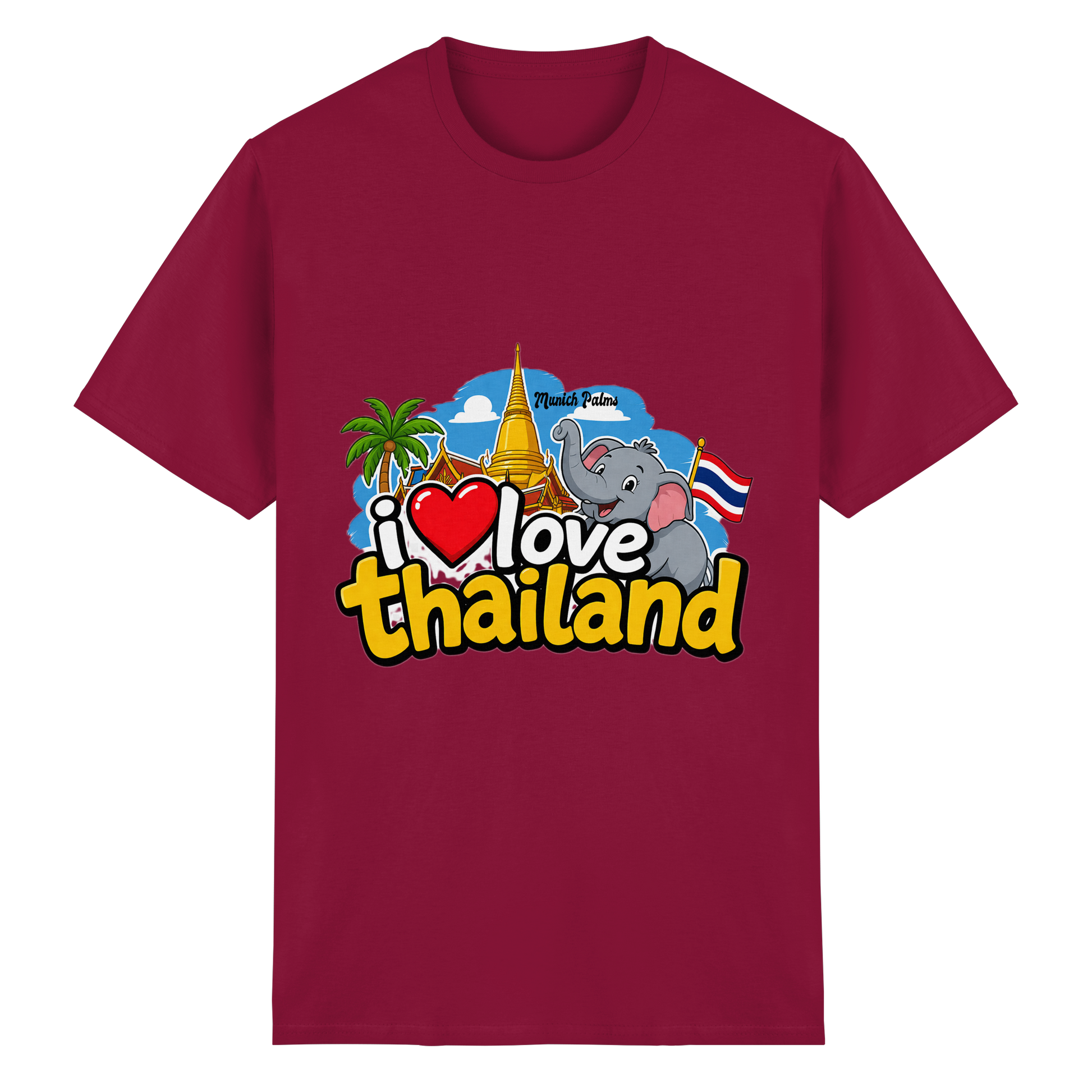 Unisex Heavy Cotton T-Shirt „I love Thailand“ in karminrot, Vorderansicht, bequemes Design, ideal für Freizeit und Alltag.