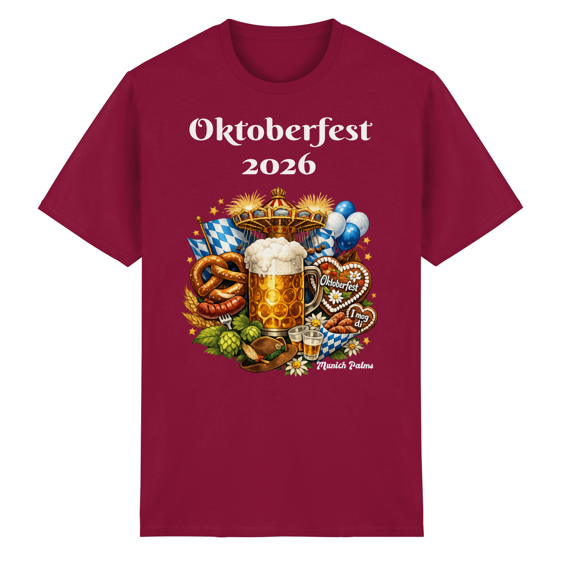 Unisex-Oktoberfest 2026 München T-Shirt aus schwerer Baumwolle in kardinalrot, Frontansicht, mit Oktoberfest-Design.