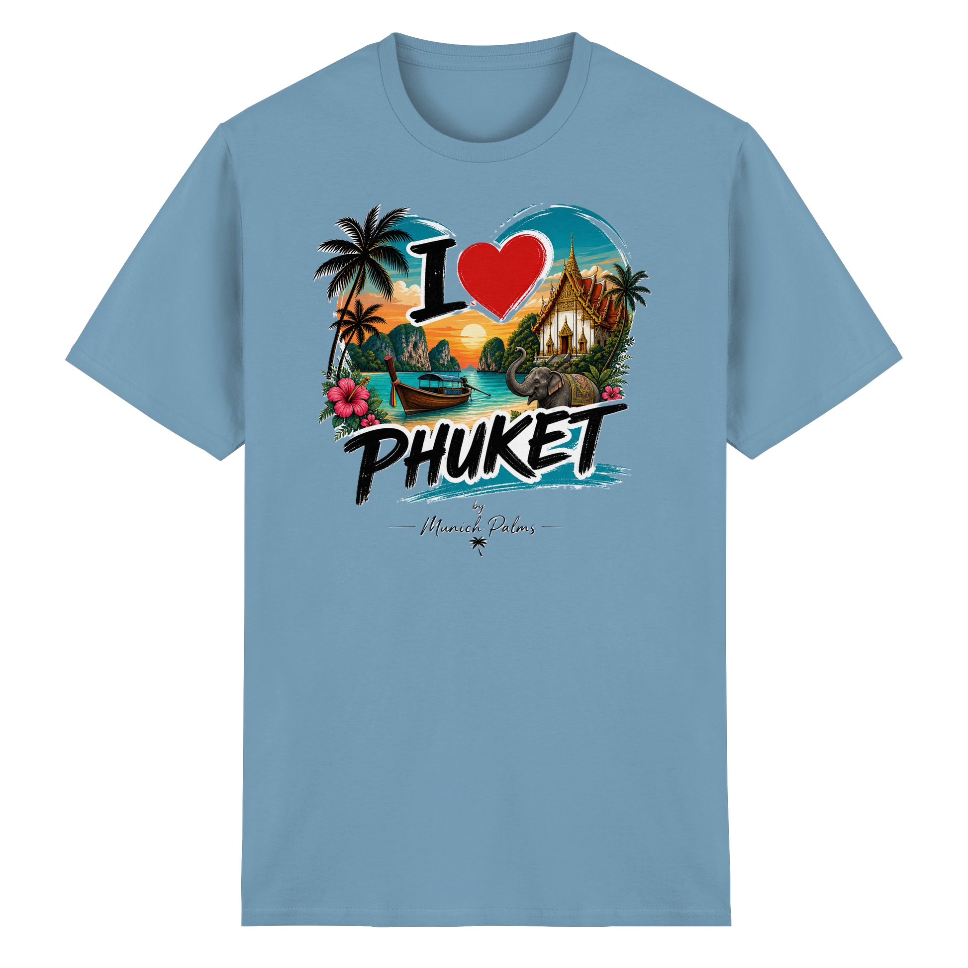 Unisex-Heavy Cotton T-Shirt mit "I love Phuket" in Carolina Blue, frontansicht, bequemes Baumwollshirt.