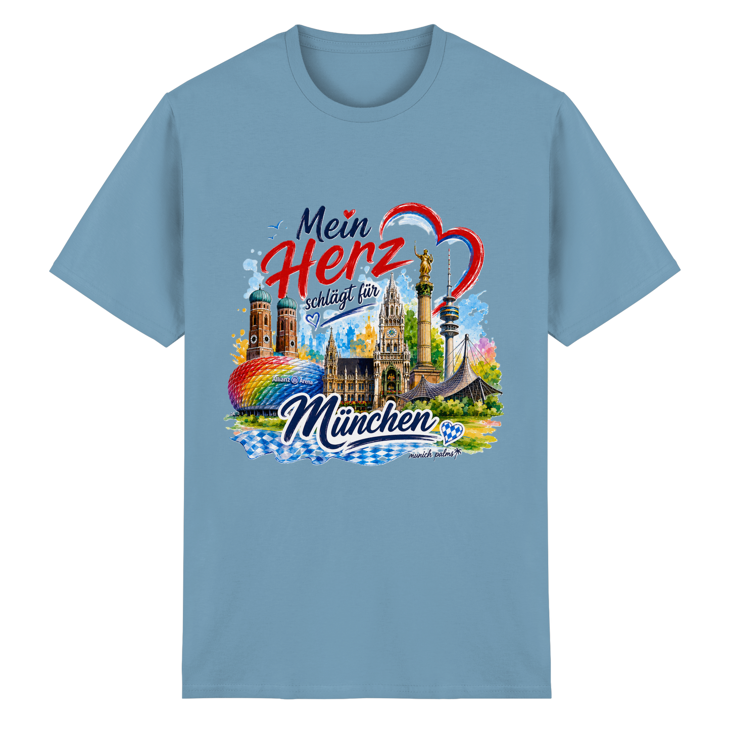 Unisex T-Shirt aus schwerer Baumwolle in Carolina Blue mit buntem Münchens Wahrzeichen Design, ideal für München-Liebhaber.
