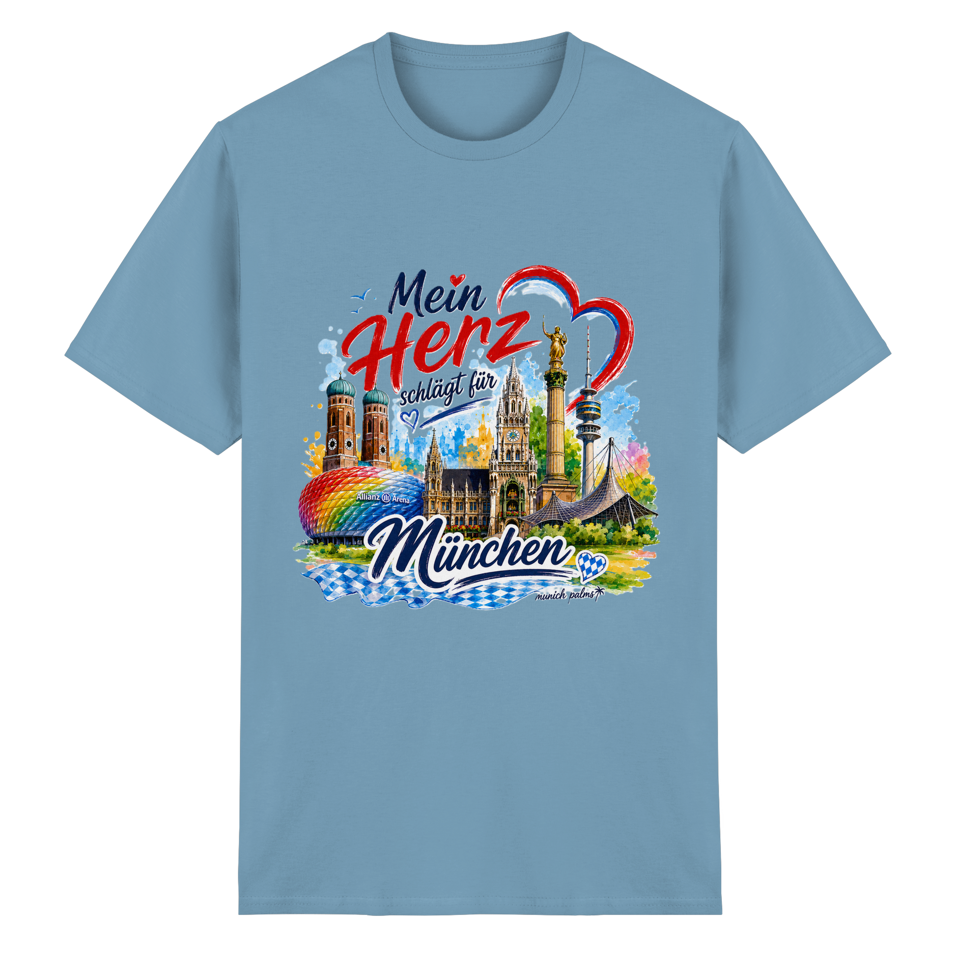 Unisex T-Shirt aus schwerer Baumwolle in Carolina Blue mit buntem Münchens Wahrzeichen Design, ideal für München-Liebhaber.