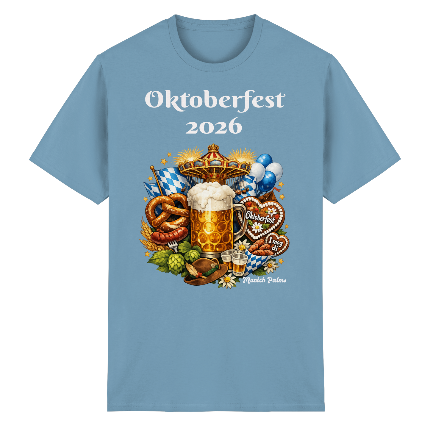 Unisex-Oktoberfest 2026 München T-Shirt aus schwerer Baumwolle in karibisch blau, Frontansicht