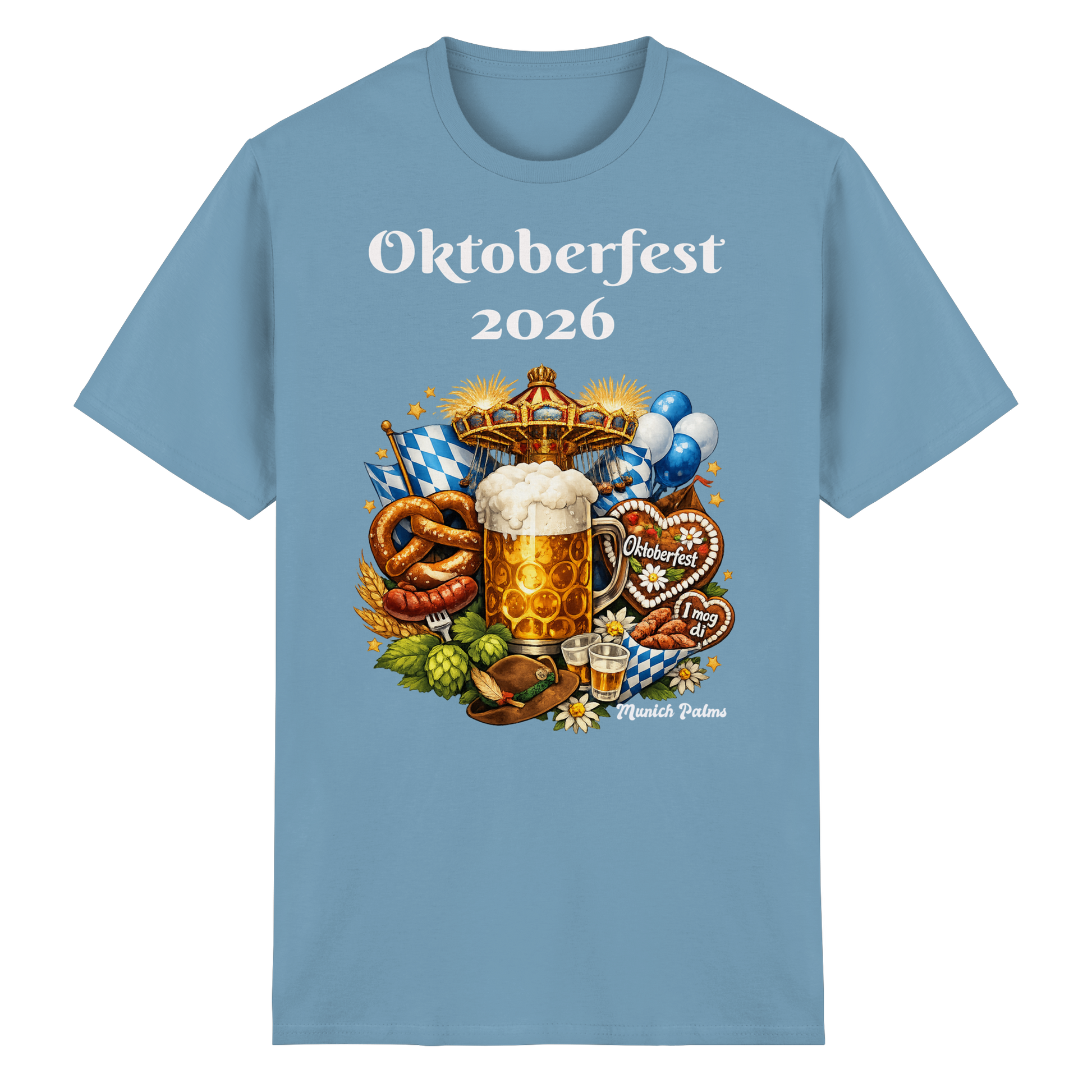 Unisex-Oktoberfest 2026 München T-Shirt aus schwerer Baumwolle in karibisch blau, Frontansicht