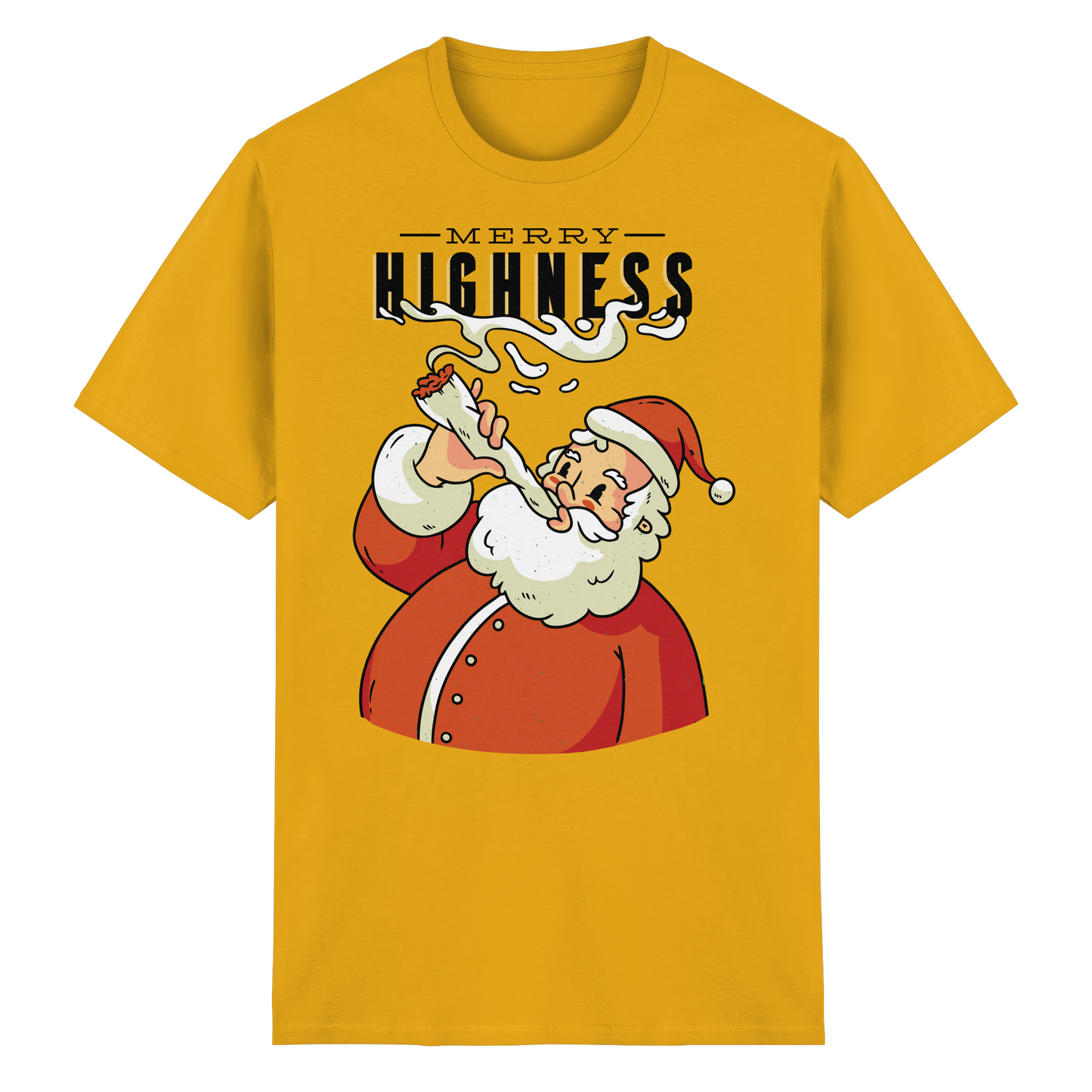A Christmas motif featuring a stoned Santa Claus, Merry Highness - Heavy Cotton T-Shirt