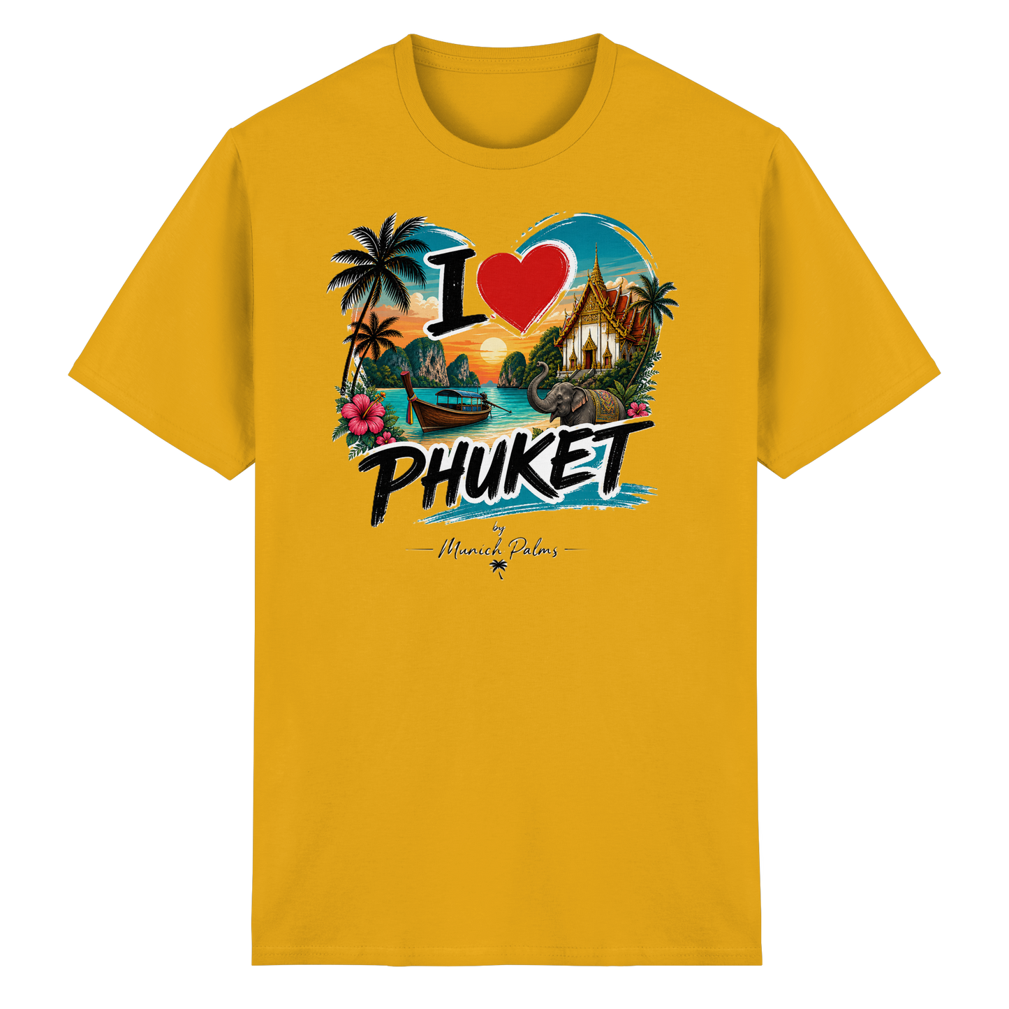 Unisex Heavy Cotton T-Shirt mit "I love Phuket" Druck in Gold, frontansicht, bequemes Baumwoll-Shirt für Damen und Herren