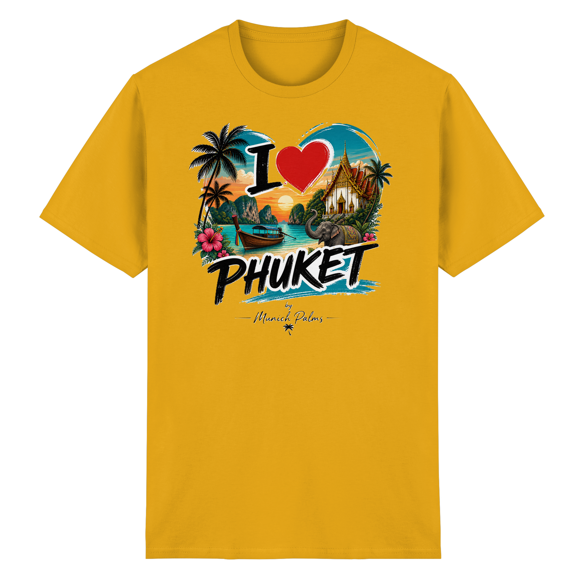 Unisex Heavy Cotton T-Shirt mit "I love Phuket" Druck in Gold, frontansicht, bequemes Baumwoll-Shirt für Damen und Herren