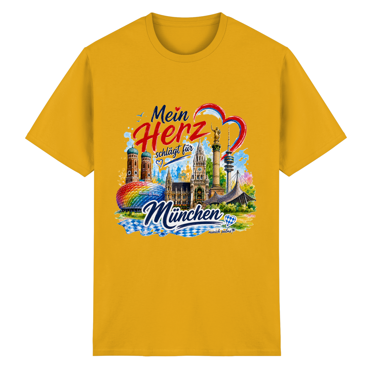 Unisex T-Shirt aus schwerer Baumwolle mit buntem München-Design und Wahrzeichen, goldene Details, Vorderansicht.