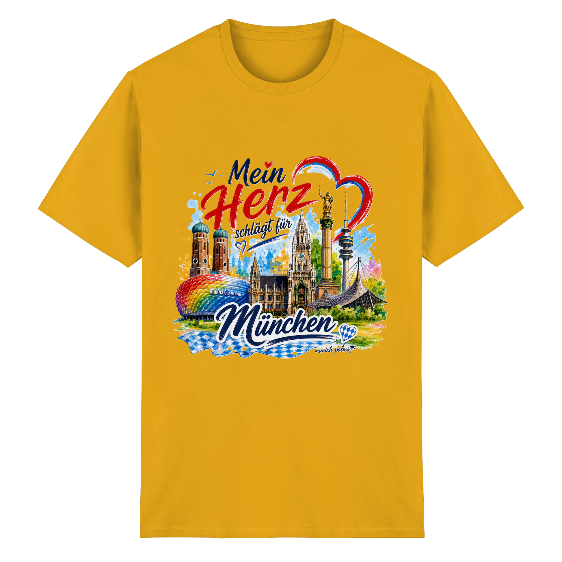 Unisex T-Shirt aus schwerer Baumwolle mit buntem München-Design und Wahrzeichen, goldene Details, Vorderansicht.