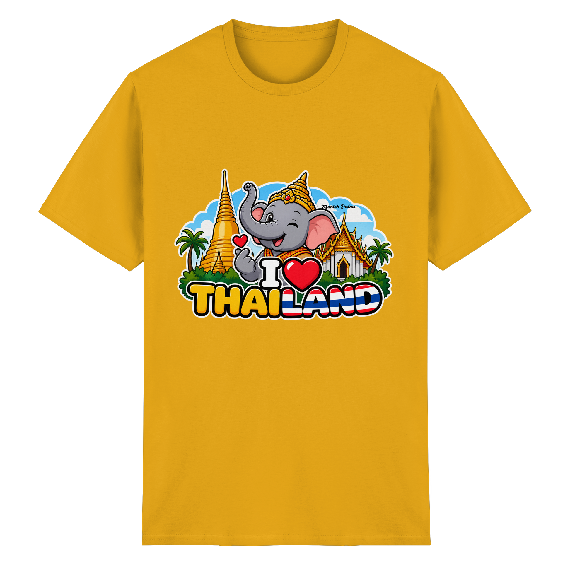 Lächelnder Elefant auf einem goldfarbenen Heavy Cotton T-Shirt im exklusiven Munich Palms Design, Unisex-Shirt, frontale Ansicht
