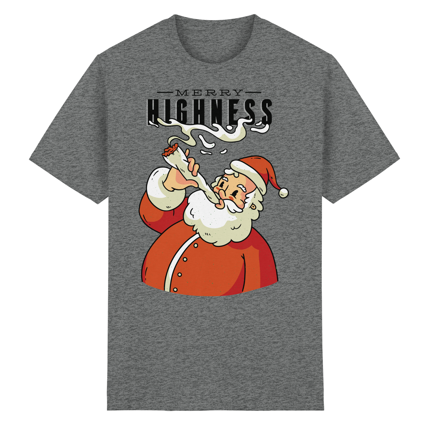 A Christmas motif featuring a stoned Santa Claus, Merry Highness - Heavy Cotton T-Shirt