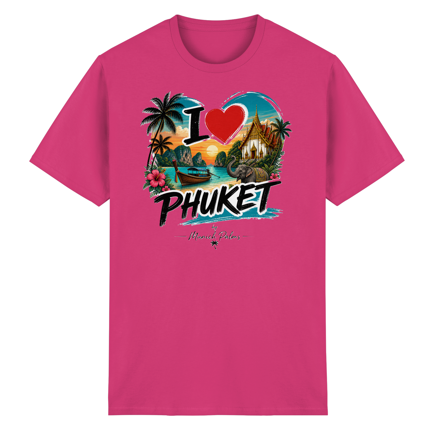Unisex Heavy Cotton T-Shirt "I love Phuket" mit Heliconia-Design, vorne sichtbar, aus schwerer Baumwolle.