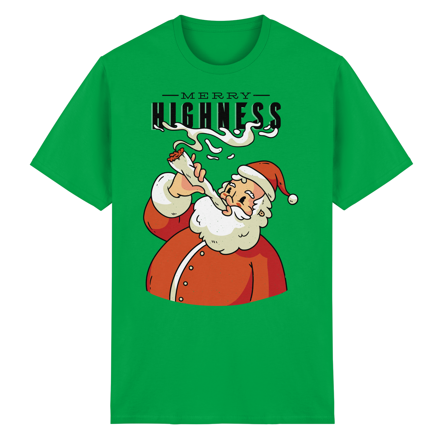 A Christmas motif featuring a stoned Santa Claus, Merry Highness - Heavy Cotton T-Shirt
