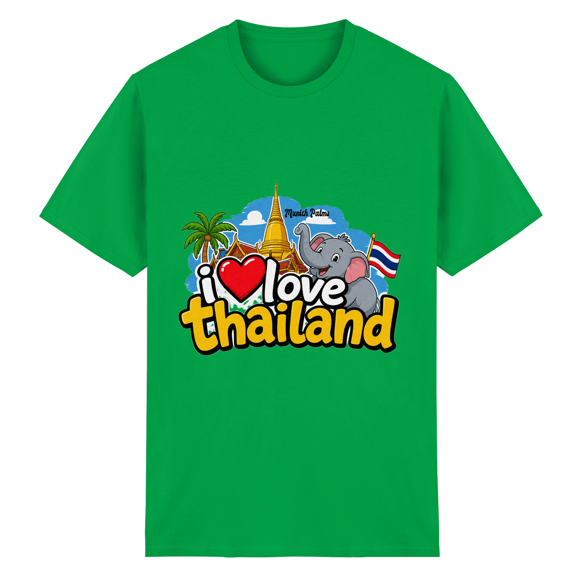 Unisex-T-Shirt "I love Thailand" aus schwerer Baumwolle in irischgrün, Vorderansicht, komfortabler Schnitt, hochwertige Verarbeitung