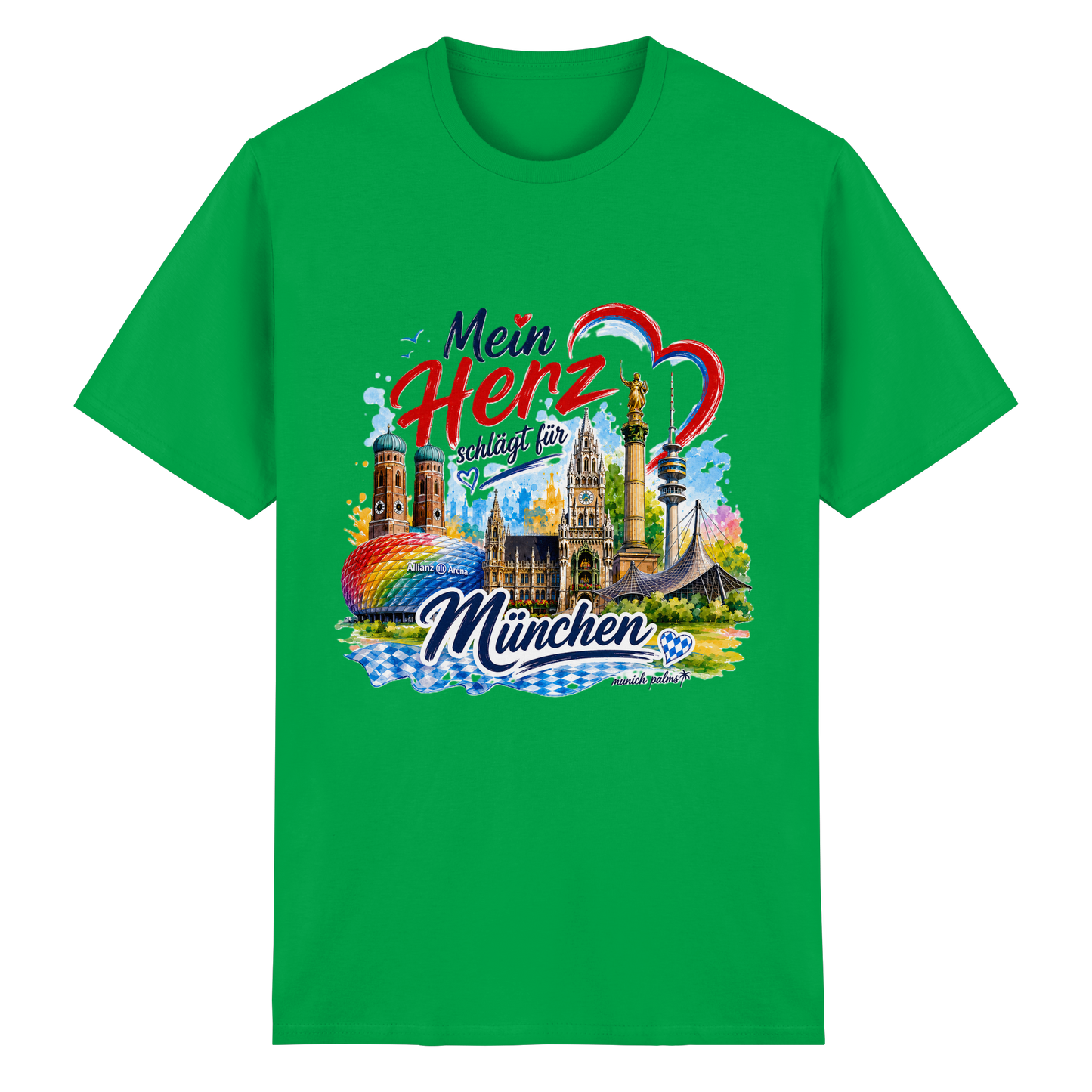 Unisex T-Shirt aus schwerer Baumwolle mit buntem München-Design und Wahrzeichen in irischgrün, von Munich Palms.