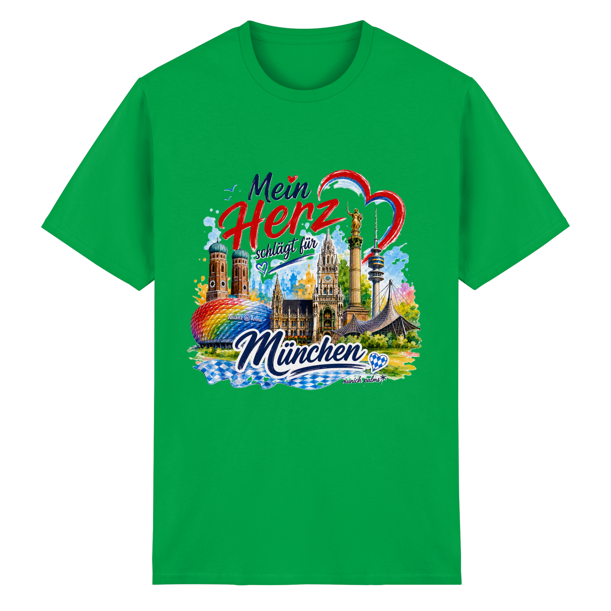 Unisex T-Shirt aus schwerer Baumwolle mit buntem München-Design und Wahrzeichen in irischgrün, von Munich Palms.