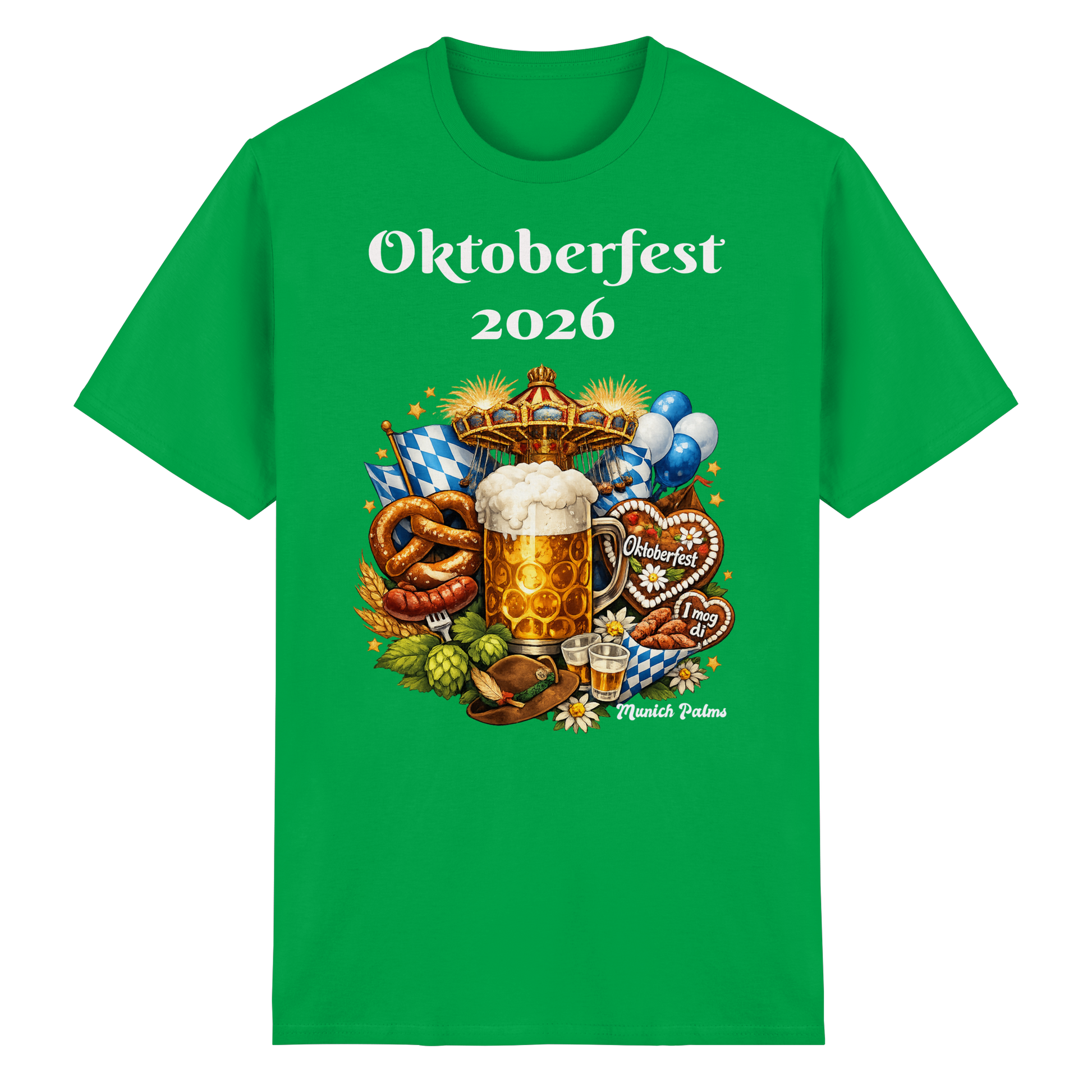 Unisex-Oktoberfest 2026 Munich Design Heavy Cotton T-Shirt in Irish Green, vorne sichtbar, bequemes Baumwollshirt