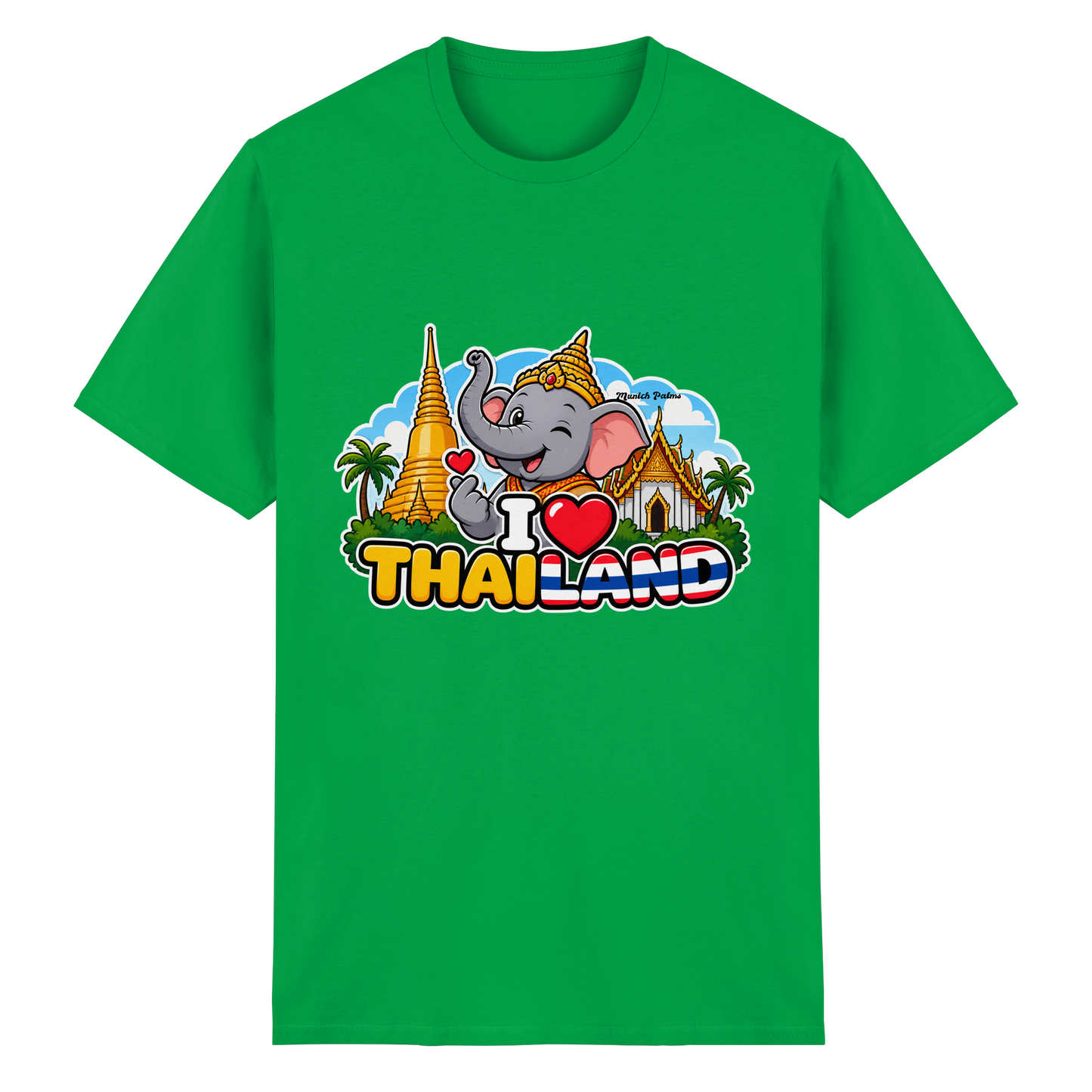 Unisex T-Shirt mit I Love Thailand Elefanten-Design in Irish Green, Heavy Cotton, frontseitig sichtbar, exklusives Munich Palms Muster