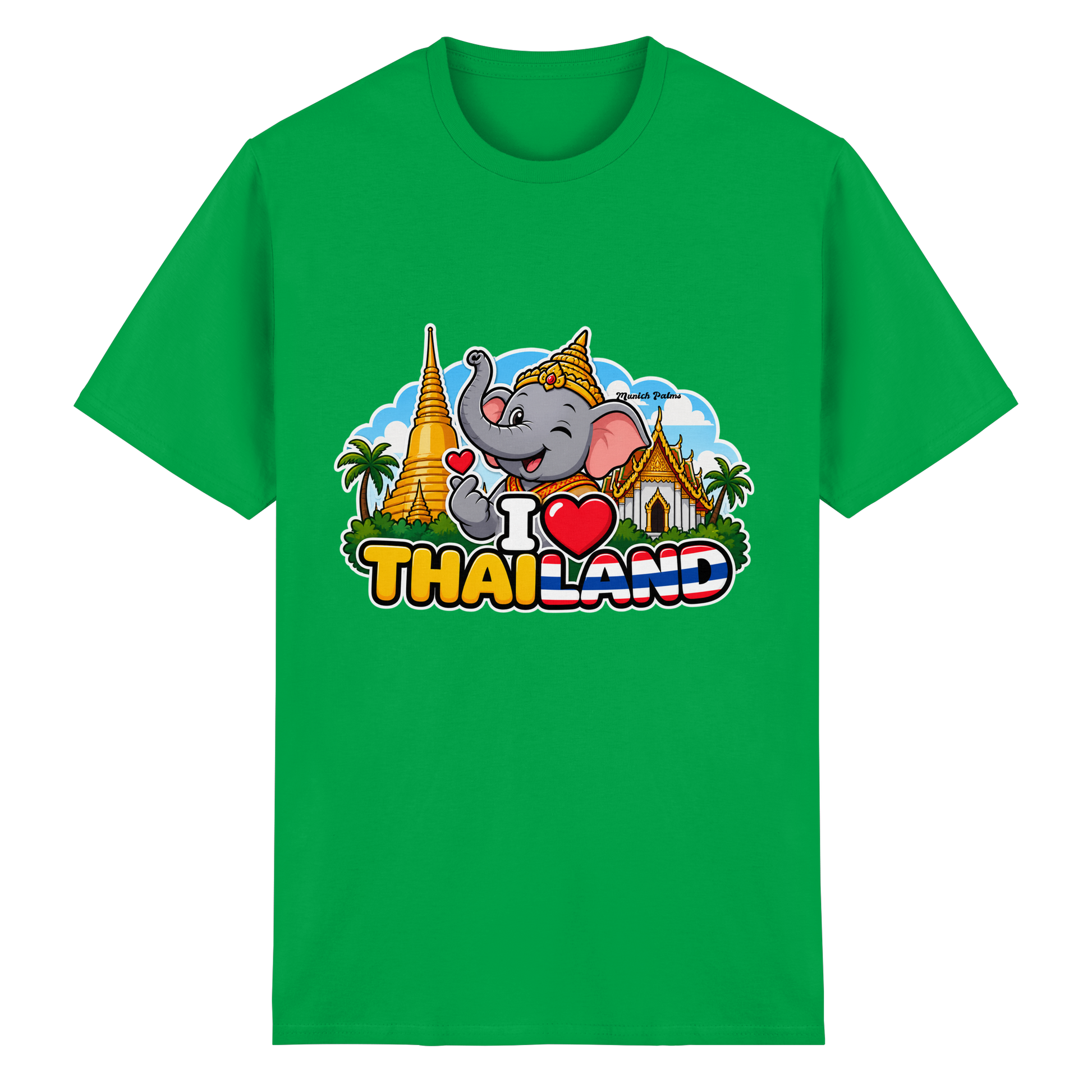 Unisex T-Shirt mit I Love Thailand Elefanten-Design in Irish Green, Heavy Cotton, frontseitig sichtbar, exklusives Munich Palms Muster