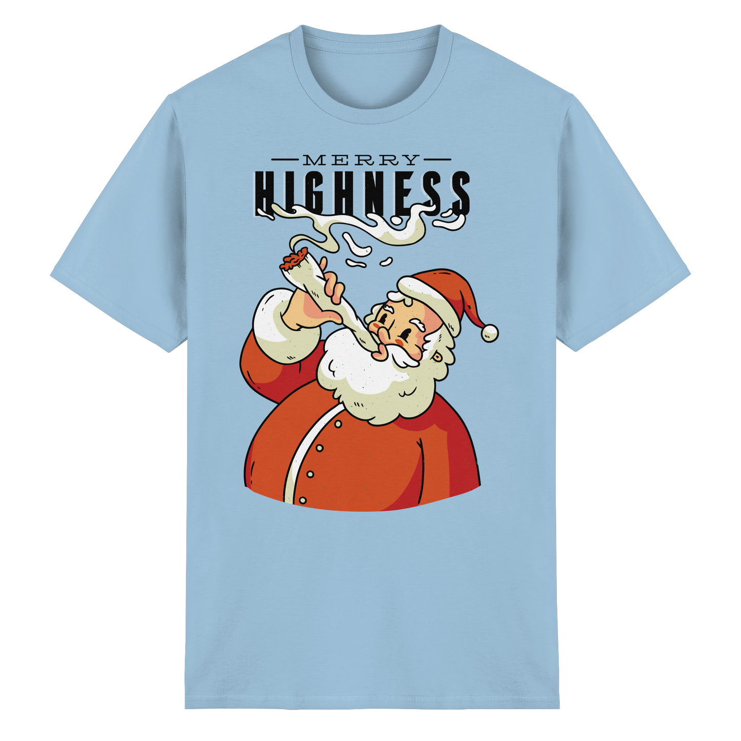 A Christmas motif featuring a stoned Santa Claus, Merry Highness - Heavy Cotton T-Shirt