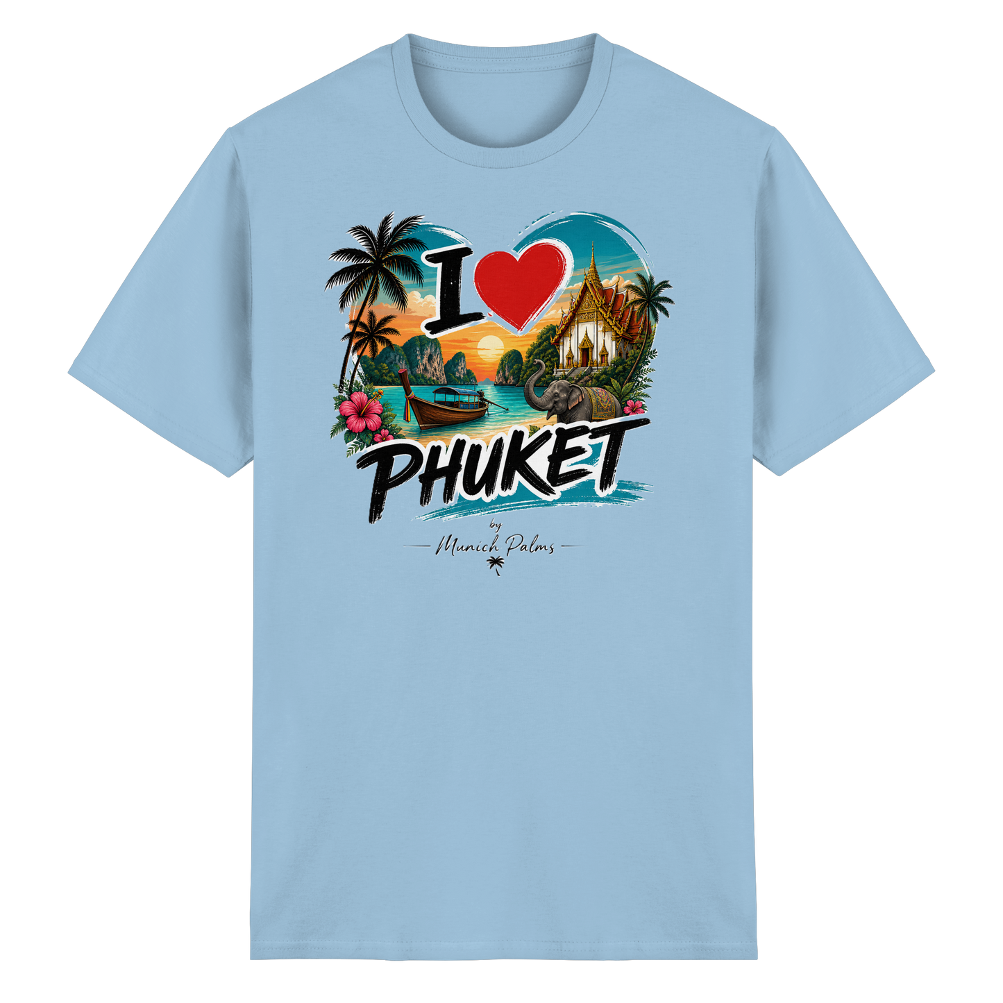 Schweres Baumwoll-T-Shirt "I love Phuket" für Damen und Herren in Hellblau, frontansicht, bequemes Unisex-Shirt.