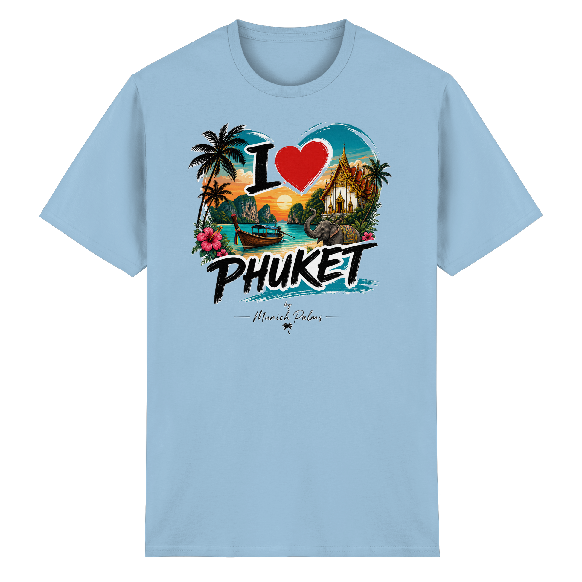 Schweres Baumwoll-T-Shirt "I love Phuket" für Damen und Herren in Hellblau, frontansicht, bequemes Unisex-Shirt.