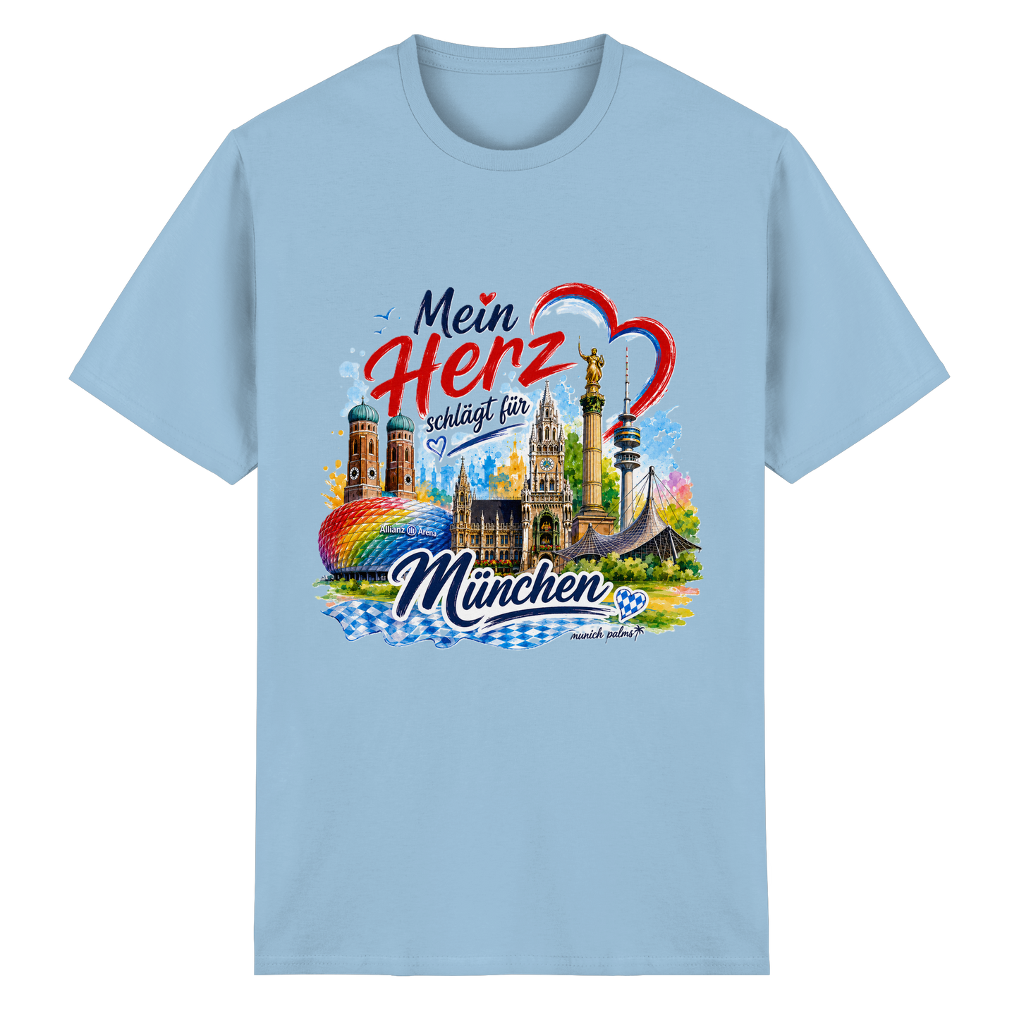 Helles blaues Unisex-T-Shirt mit buntem München-Design und Wahrzeichen, Heavy Cotton, von Munich Palms.