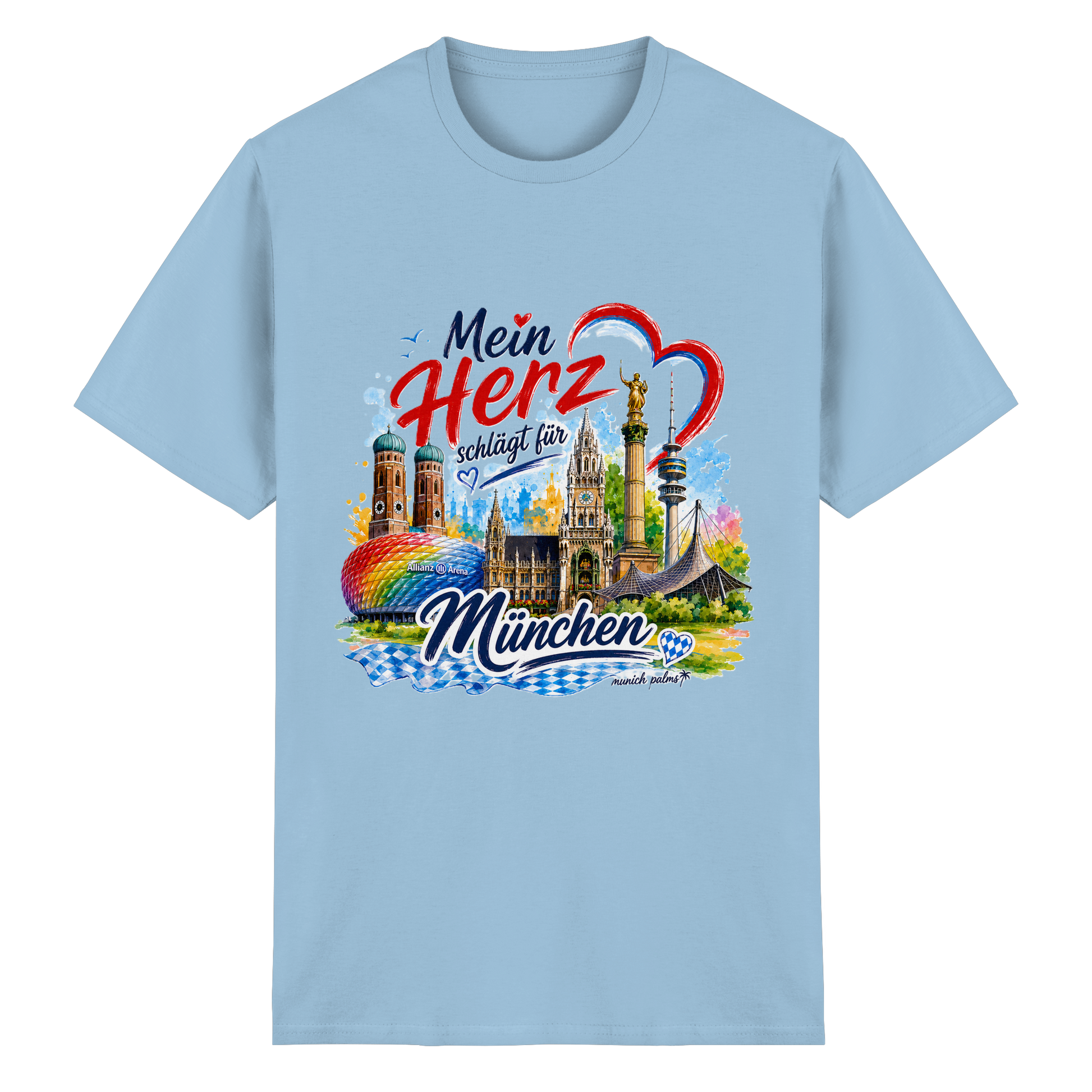Helles blaues Unisex-T-Shirt mit buntem München-Design und Wahrzeichen, Heavy Cotton, von Munich Palms.