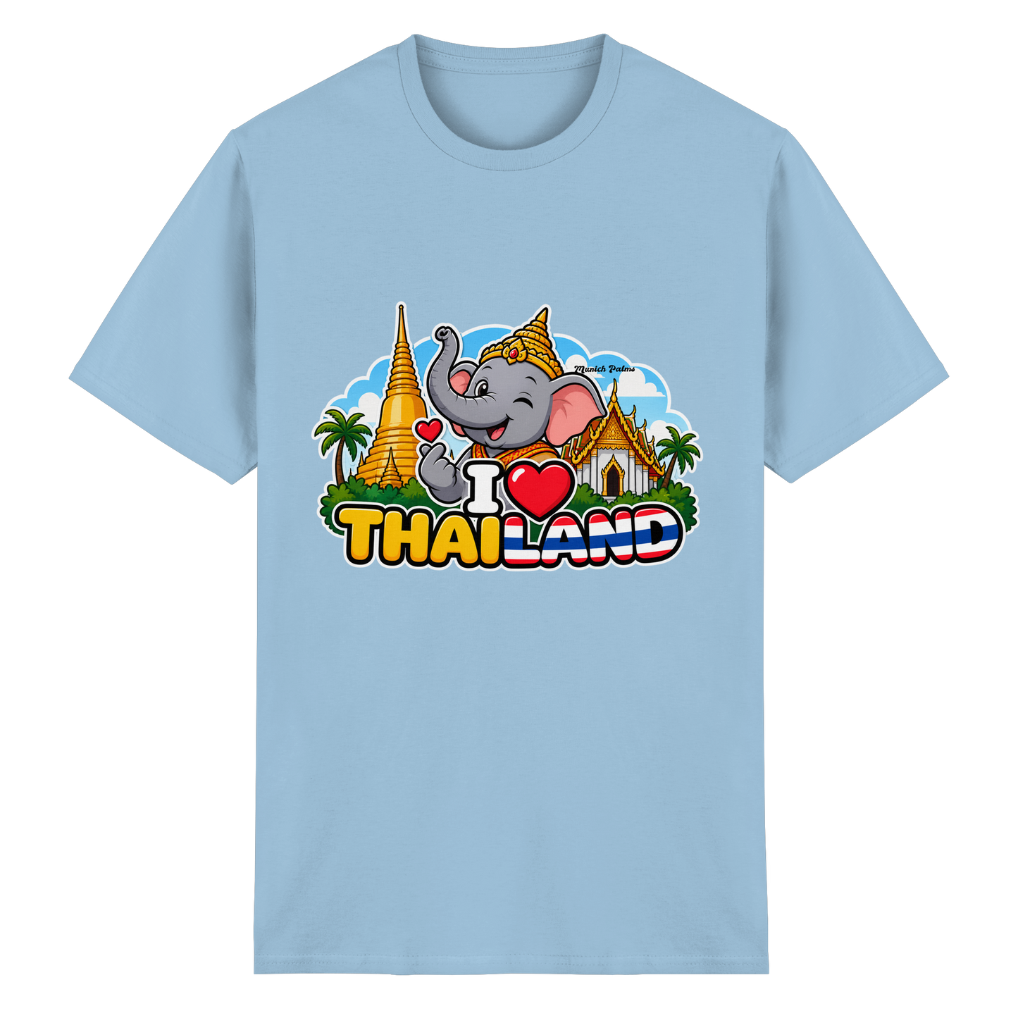 Hellblaues Unisex-T-Shirt mit Elefanten-Design und Thailand-Motiv, aus schwerer Baumwolle, im Munich Palms Stil.