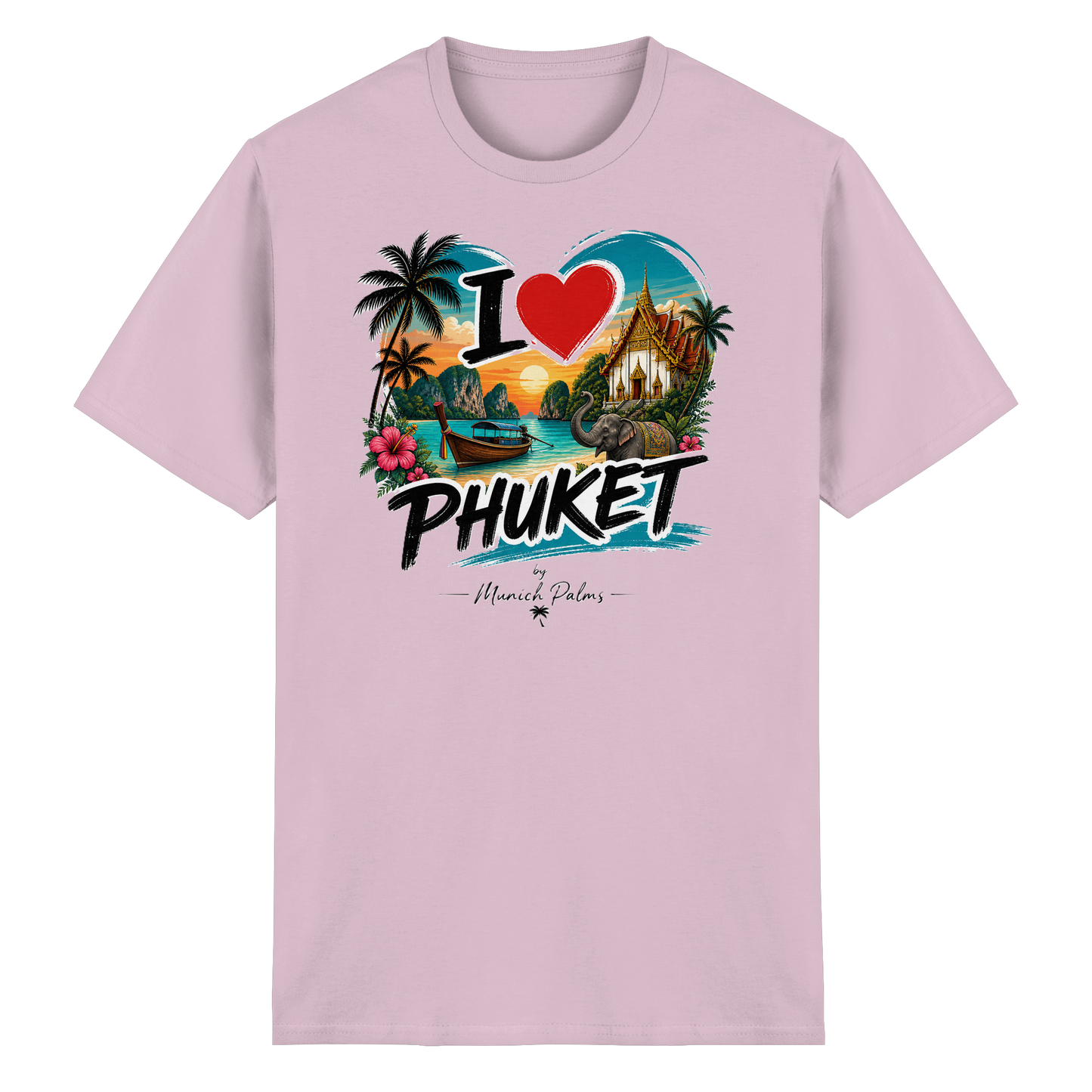 Unisex T-Shirt "I love Phuket" aus schwerer Baumwolle in Hellrosa, Vorderansicht, bequemes Design, Online Kaufhaus München.