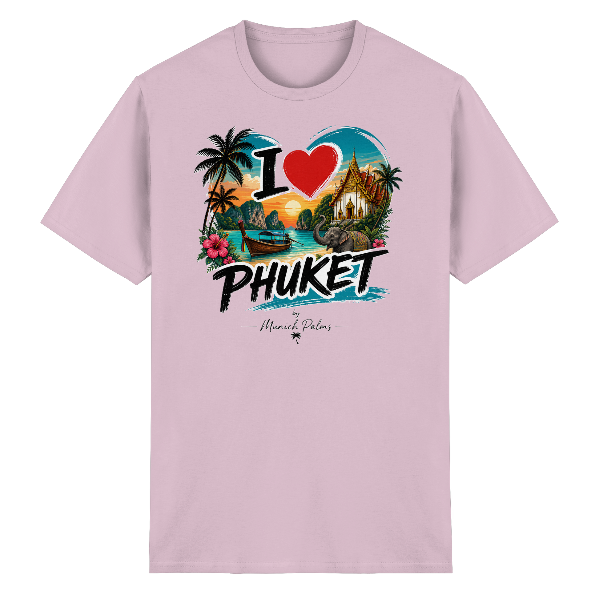 Unisex T-Shirt "I love Phuket" aus schwerer Baumwolle in Hellrosa, Vorderansicht, bequemes Design, Online Kaufhaus München.