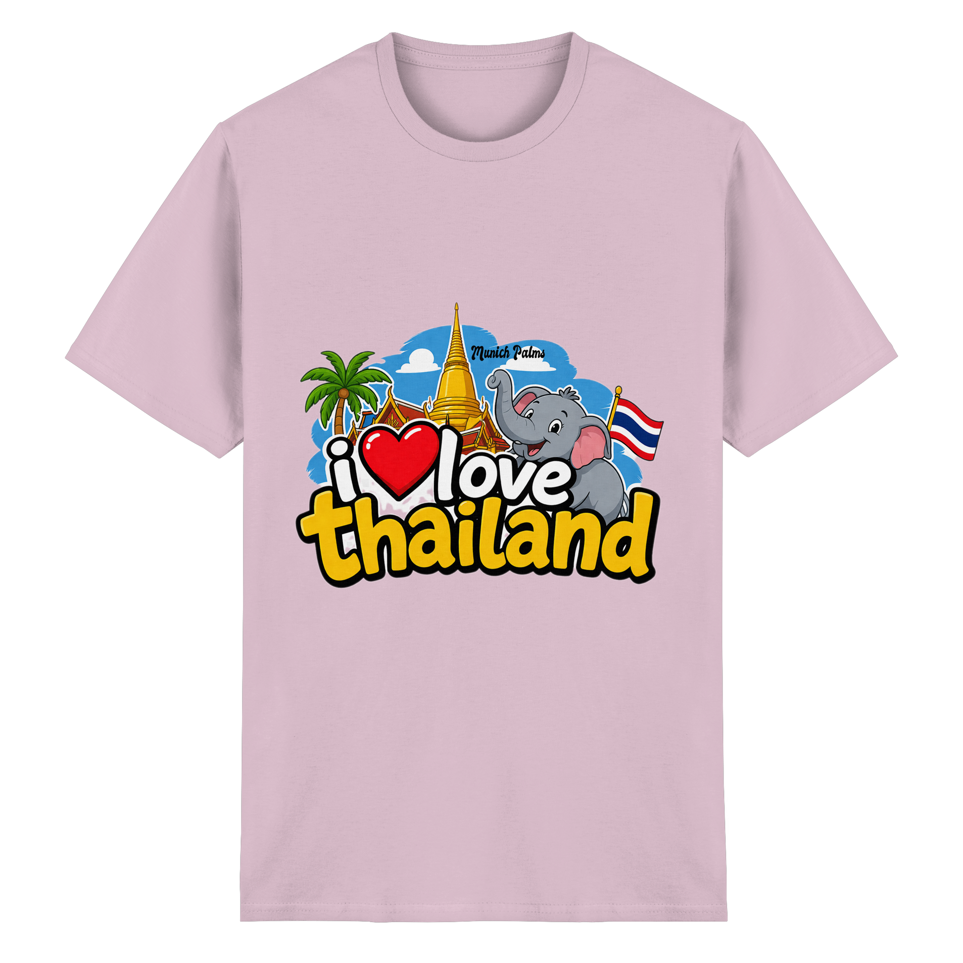 Leicht rosa Unisex-T-Shirt mit "I love Thailand" Aufdruck aus schwerer Baumwolle, Frontansicht