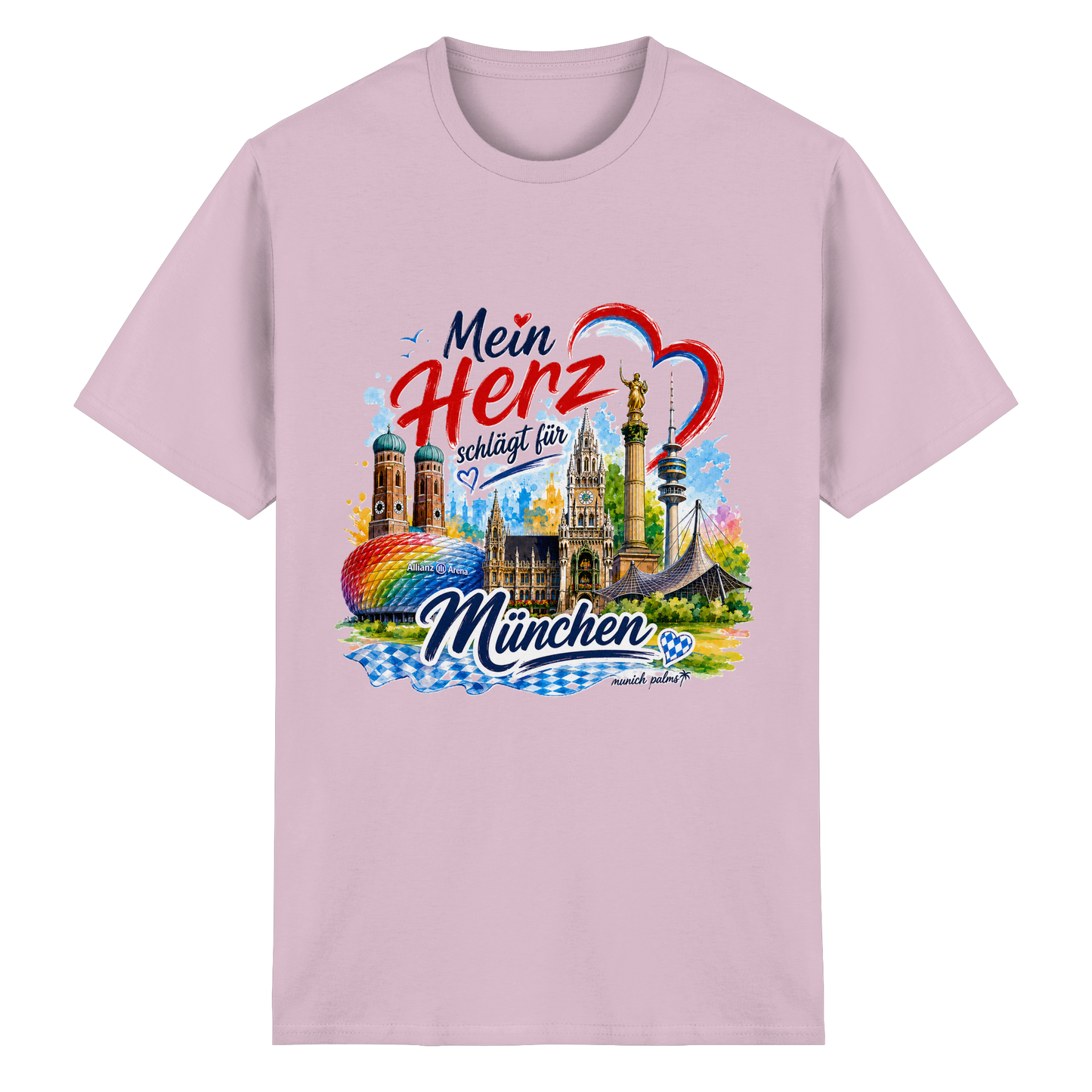 Unisex Baumwoll-T-Shirt mit buntem München-Design, Herz und Wahrzeichen in leuchtendem Pink, von Munich Palms.