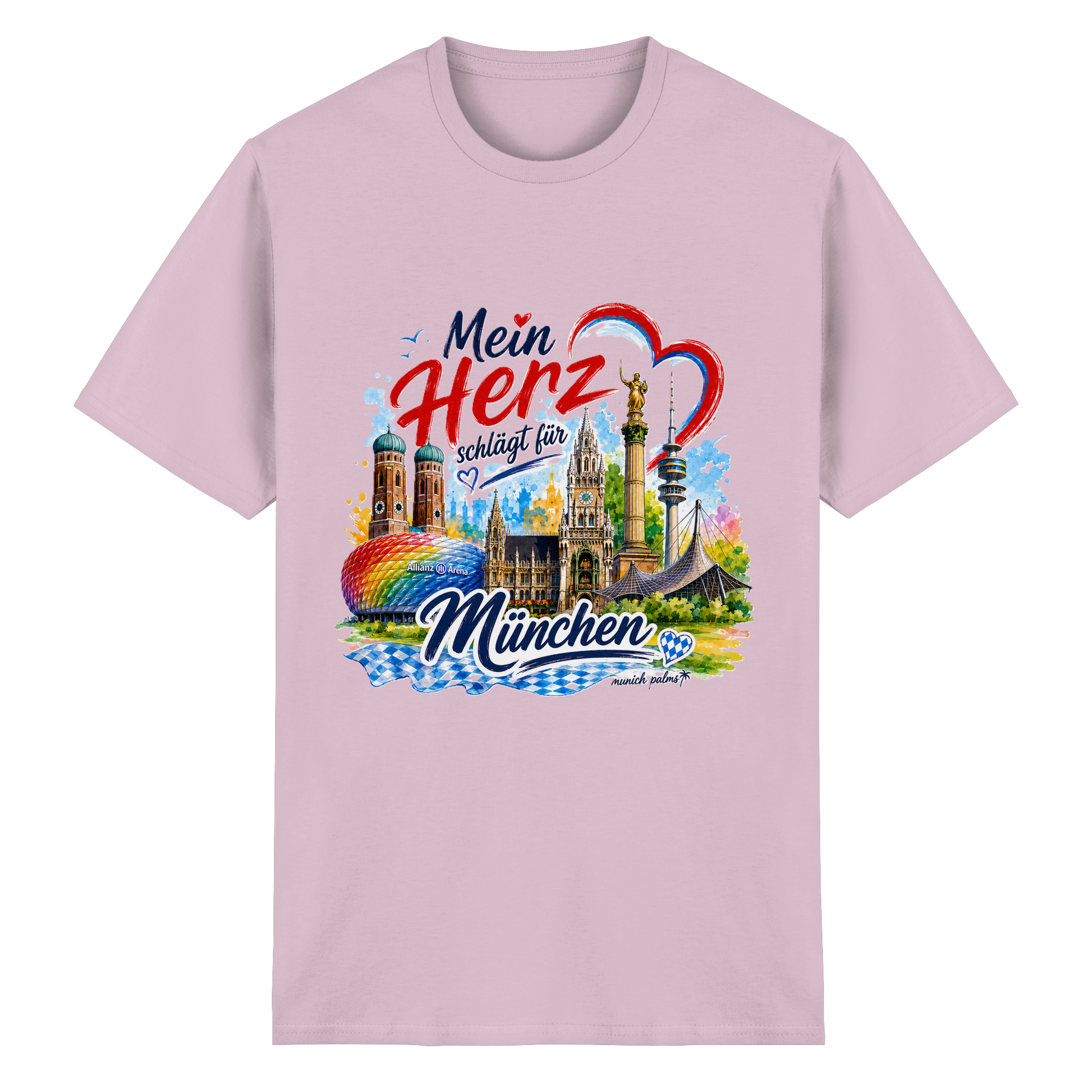 Unisex Baumwoll-T-Shirt mit buntem München-Design, Herz und Wahrzeichen in leuchtendem Pink, von Munich Palms.