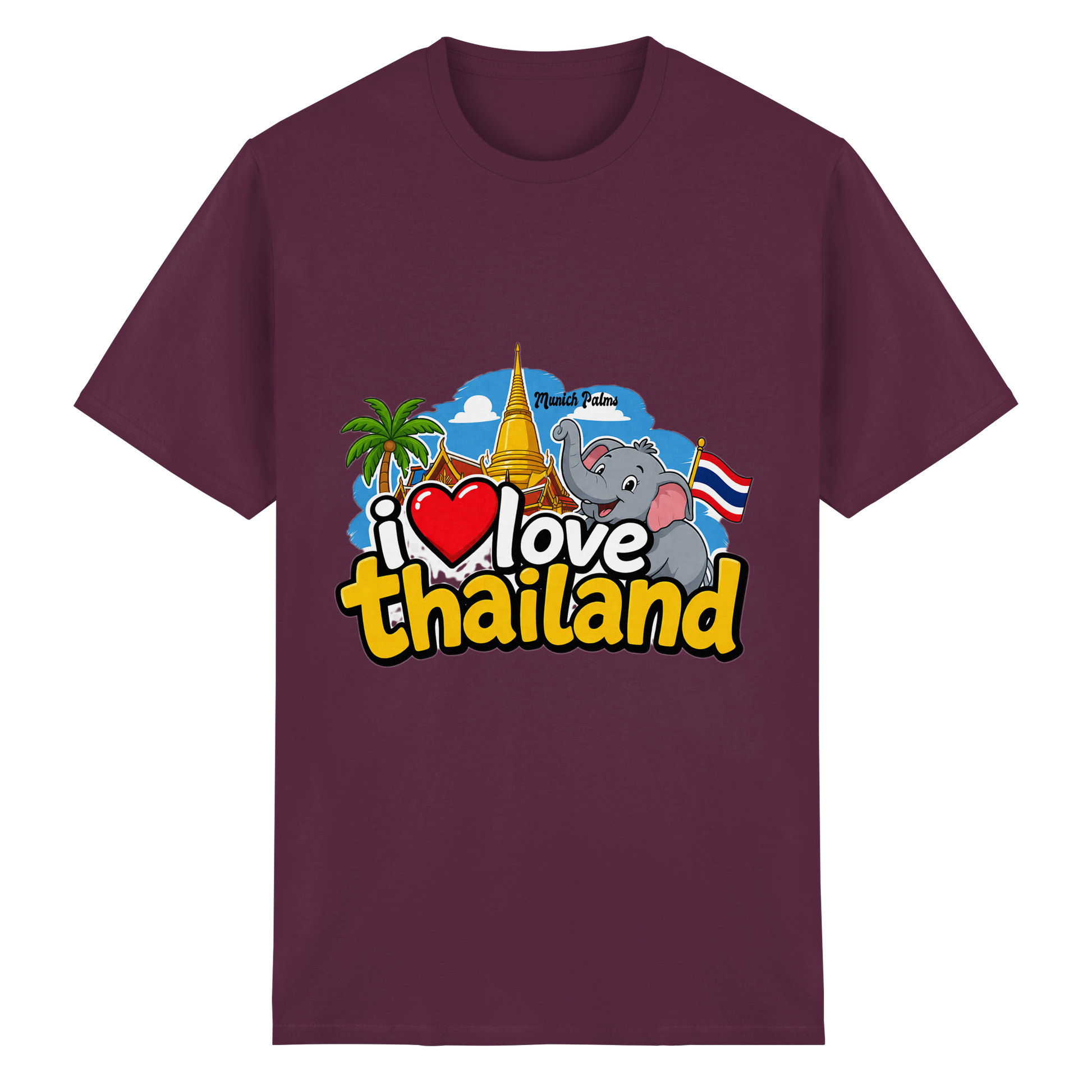 Herren- oder Damen-T-Shirt aus schwerer Baumwolle mit "I love Thailand"-Print in Maroon, Unisex-Design, frontansicht
