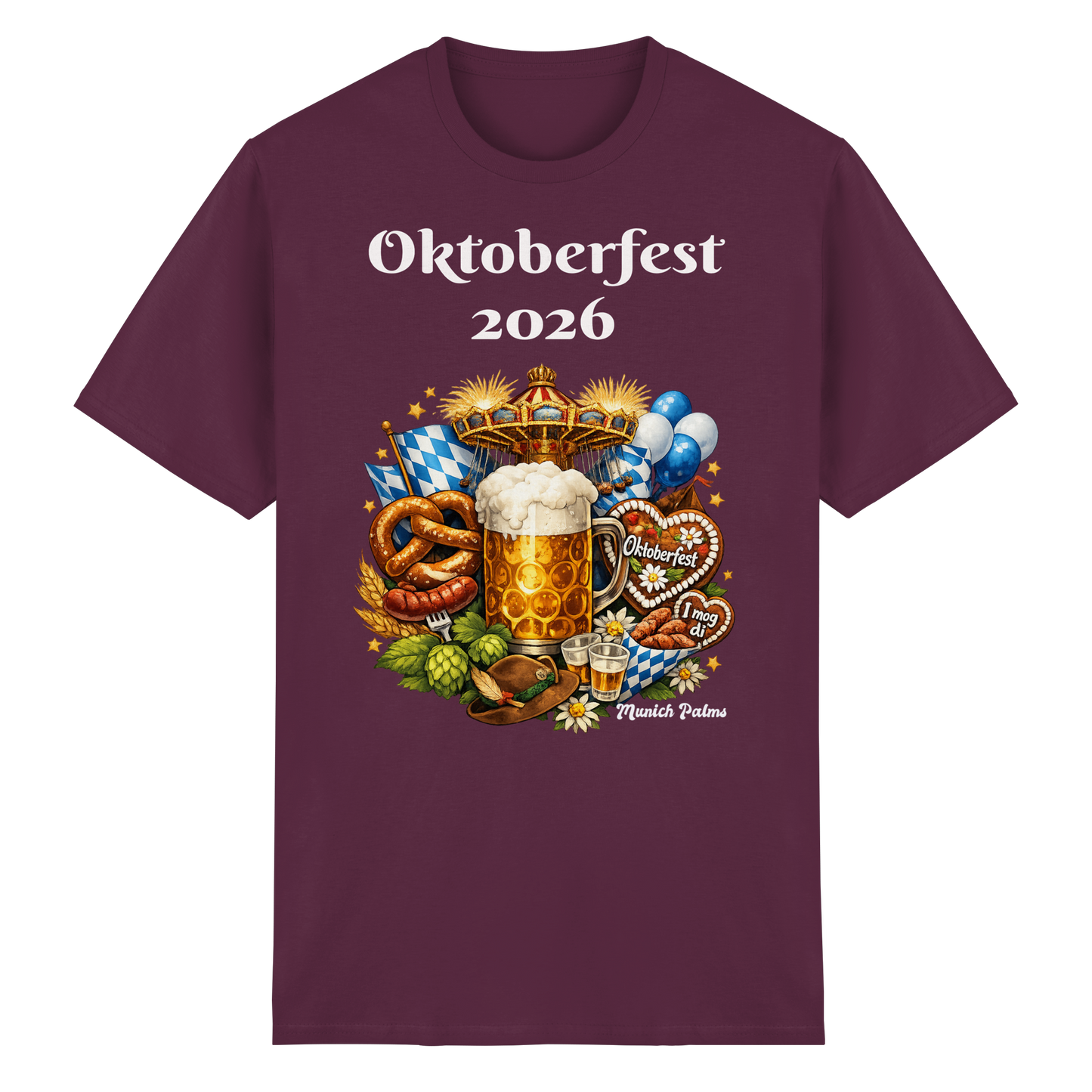 Unisex-Oktoberfest 2026 München T-Shirt aus schwerer Baumwolle in Maigrün, vorne sichtbar, mit Oktoberfest-Design.