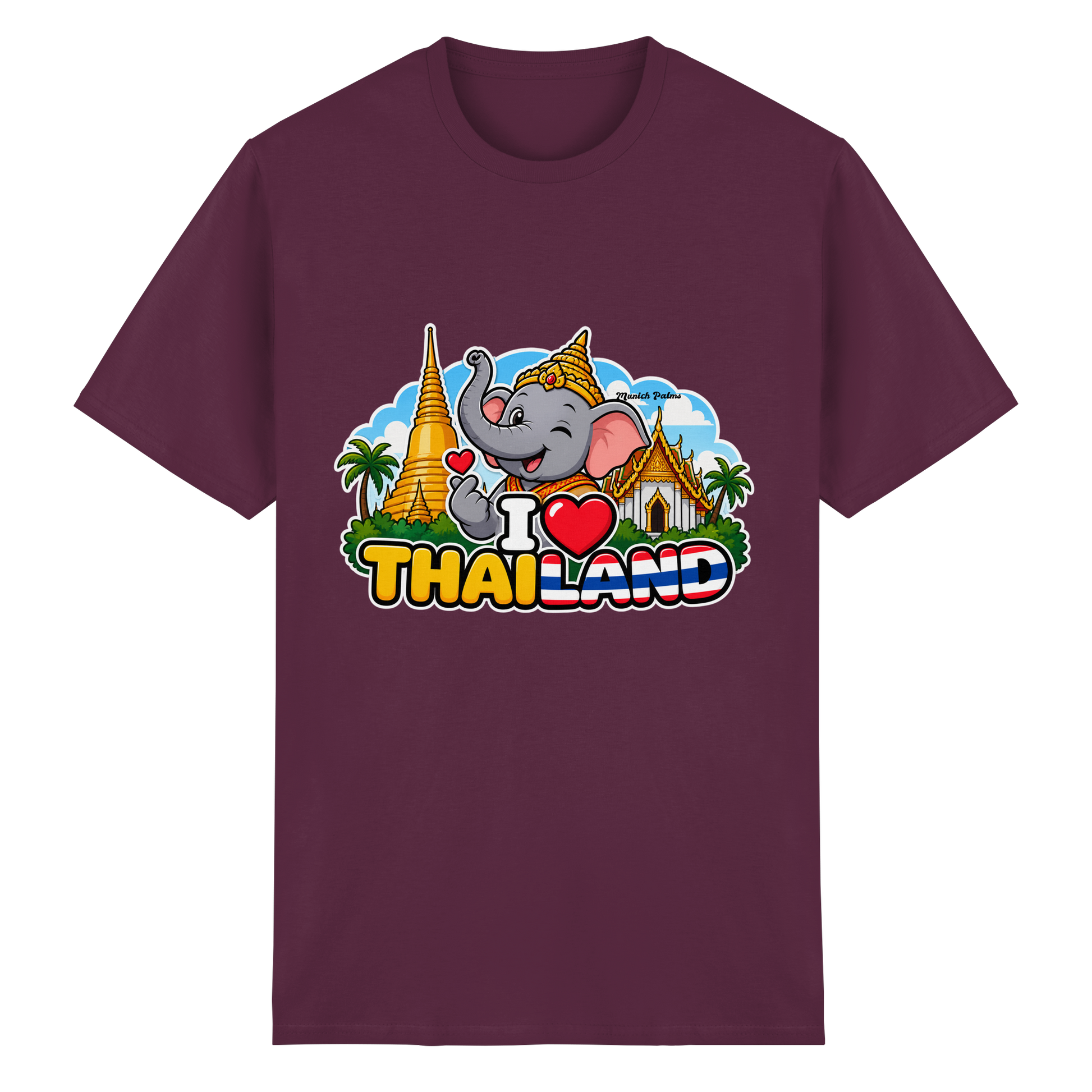 Unisex T-Shirt aus schwerer Baumwolle mit Maron-Farbe, I Love Thailand Elefanten-Design, Munich Palms, frontansicht