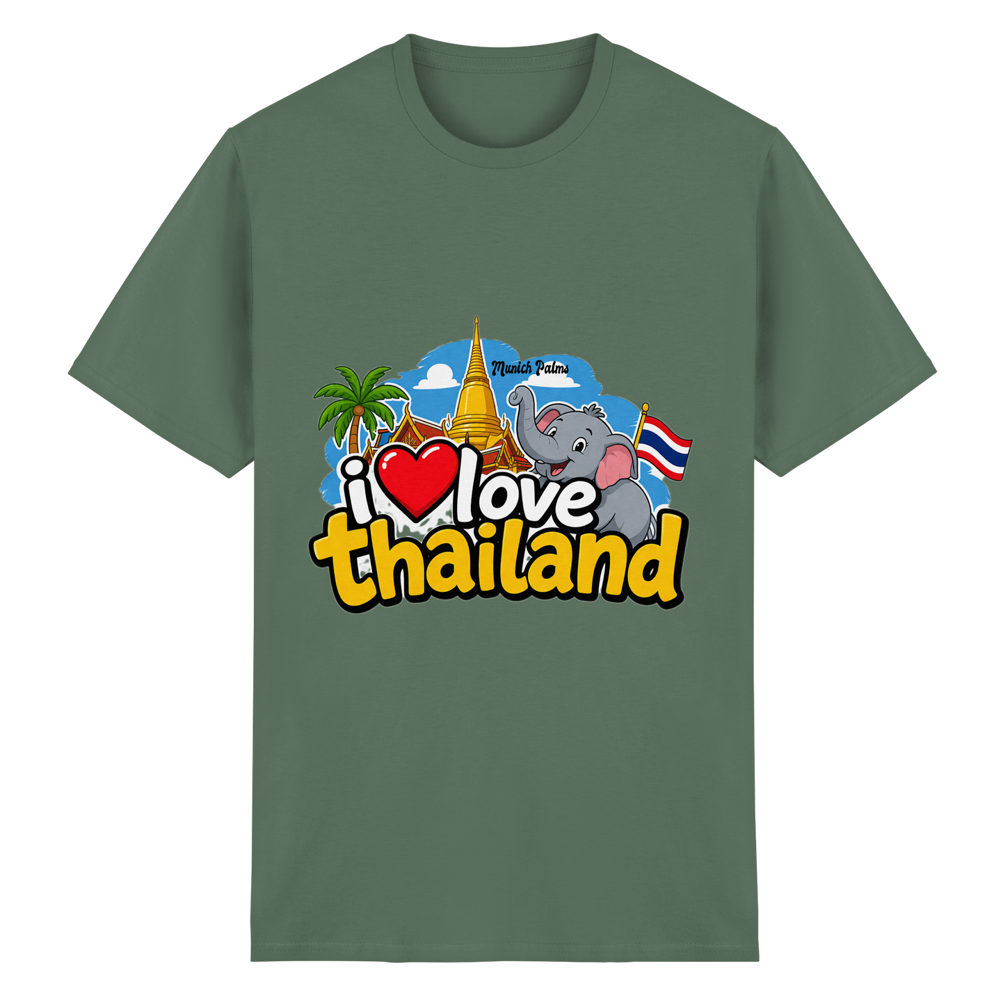 Unisex-T-Shirt "I love Thailand" aus schwerer Baumwolle in Olivgrün, Vorderansicht, bequemes Design, Online Kaufhaus München.