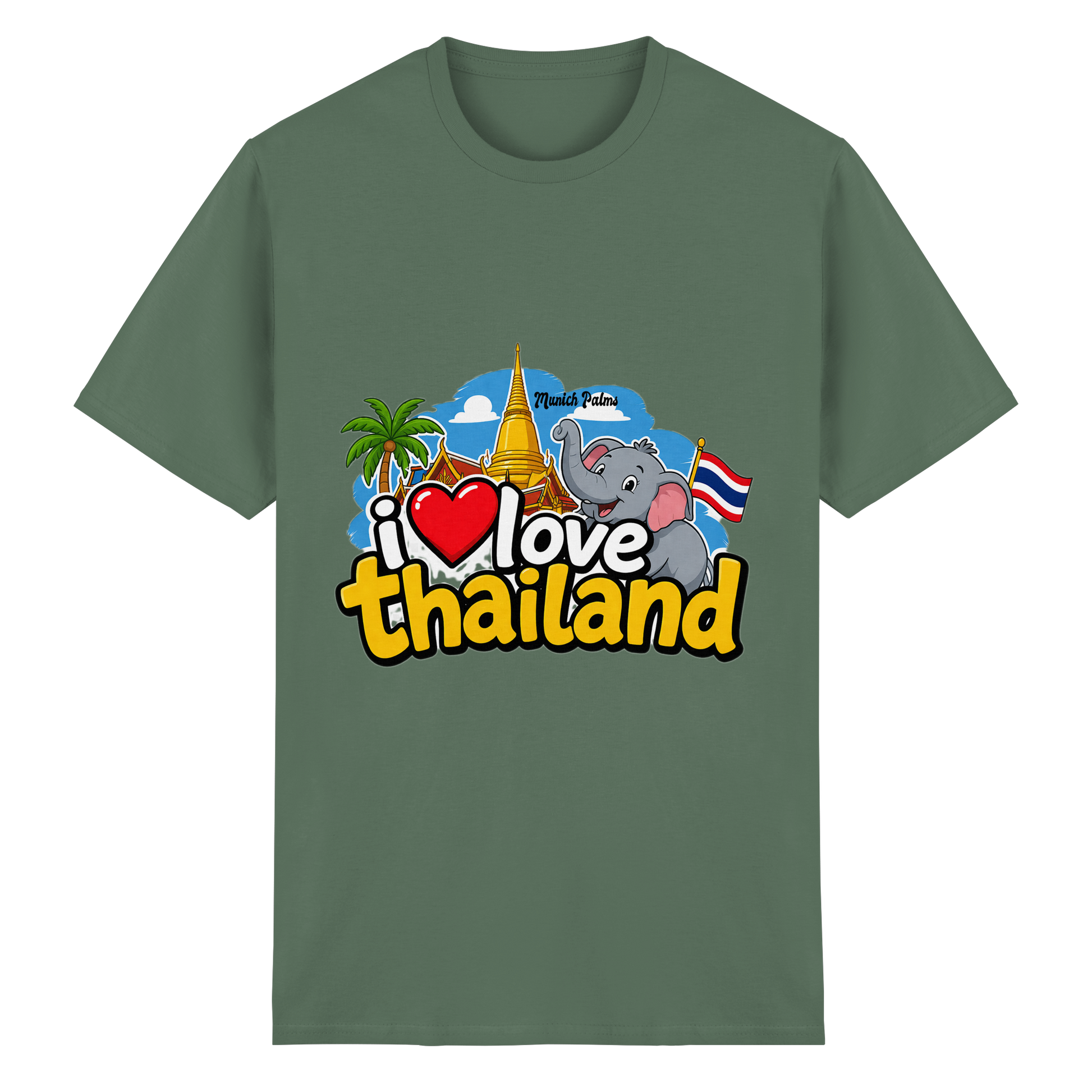 Unisex-T-Shirt "I love Thailand" aus schwerer Baumwolle in Olivgrün, Vorderansicht, bequemes Design, Online Kaufhaus München.