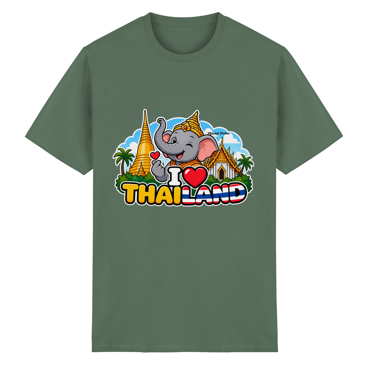Unisex T-Shirt aus schwerer Baumwolle mit Elefanten-Design in Militärgrün, I Love Thailand, Munich Palms Stil, vorne sichtbar