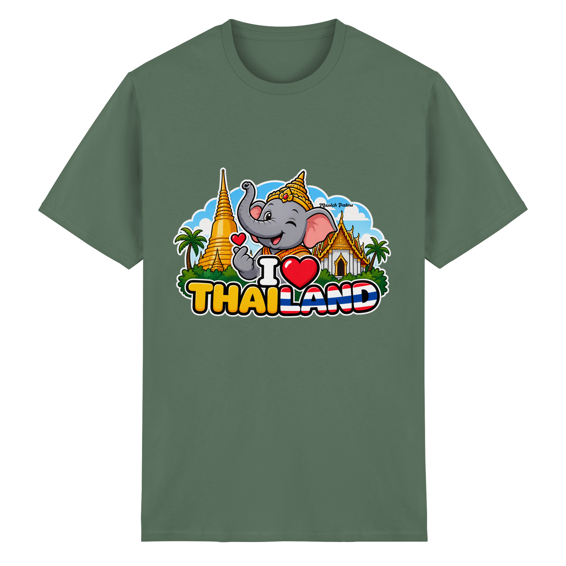 Unisex T-Shirt aus schwerer Baumwolle mit Elefanten-Design in Militärgrün, I Love Thailand, Munich Palms Stil, vorne sichtbar